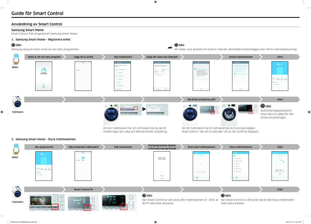 Samsung WW80K6604SW/EE Guide för Smart Control, Användning av Smart Control, Samsung Smart Home Registrera enhet, Obs 