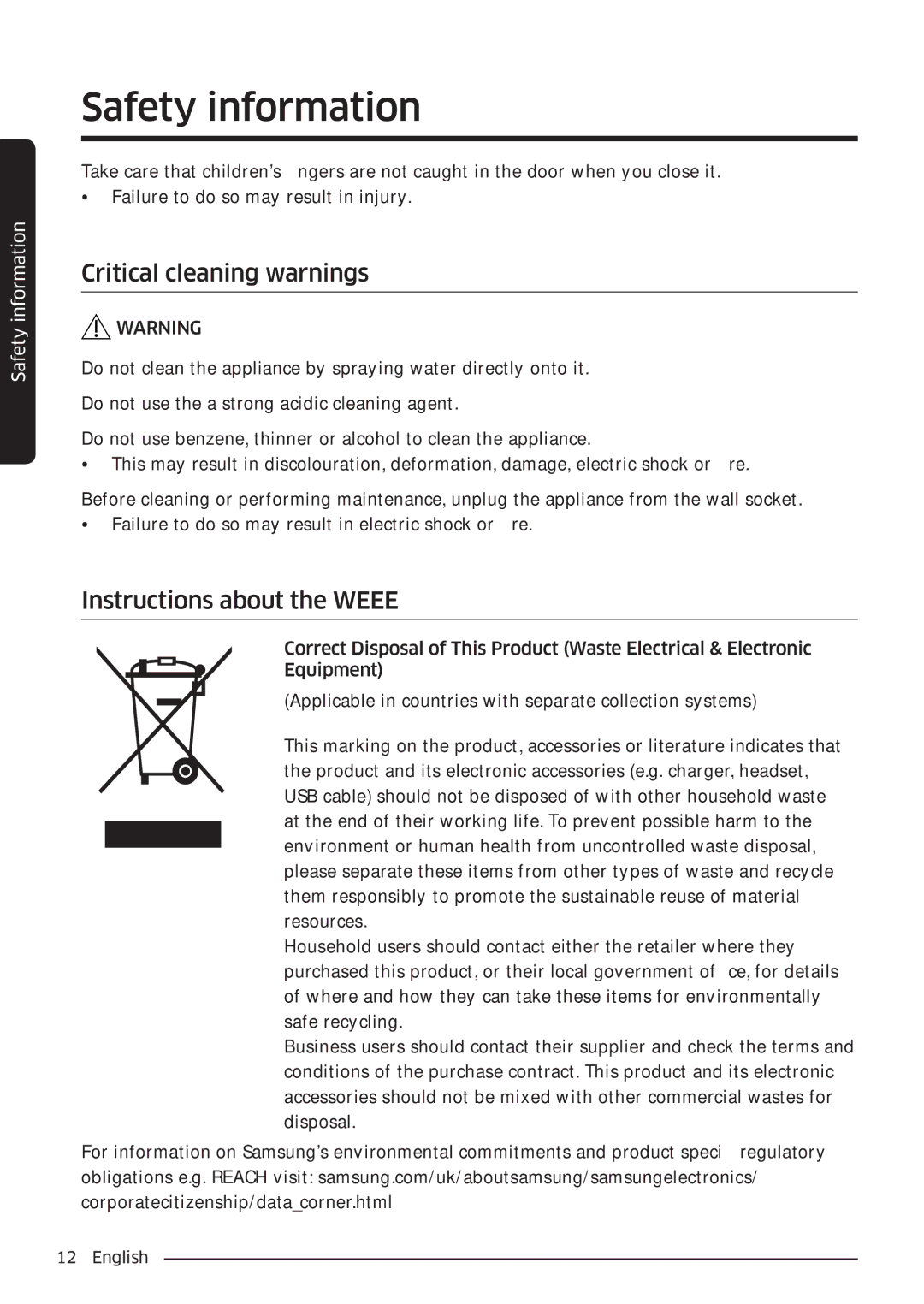 Samsung WW80K6604SW/EE, WW90K6604SW/EE, WW90K6604QW/EE manual Critical cleaning warnings, Instructions about the Weee 