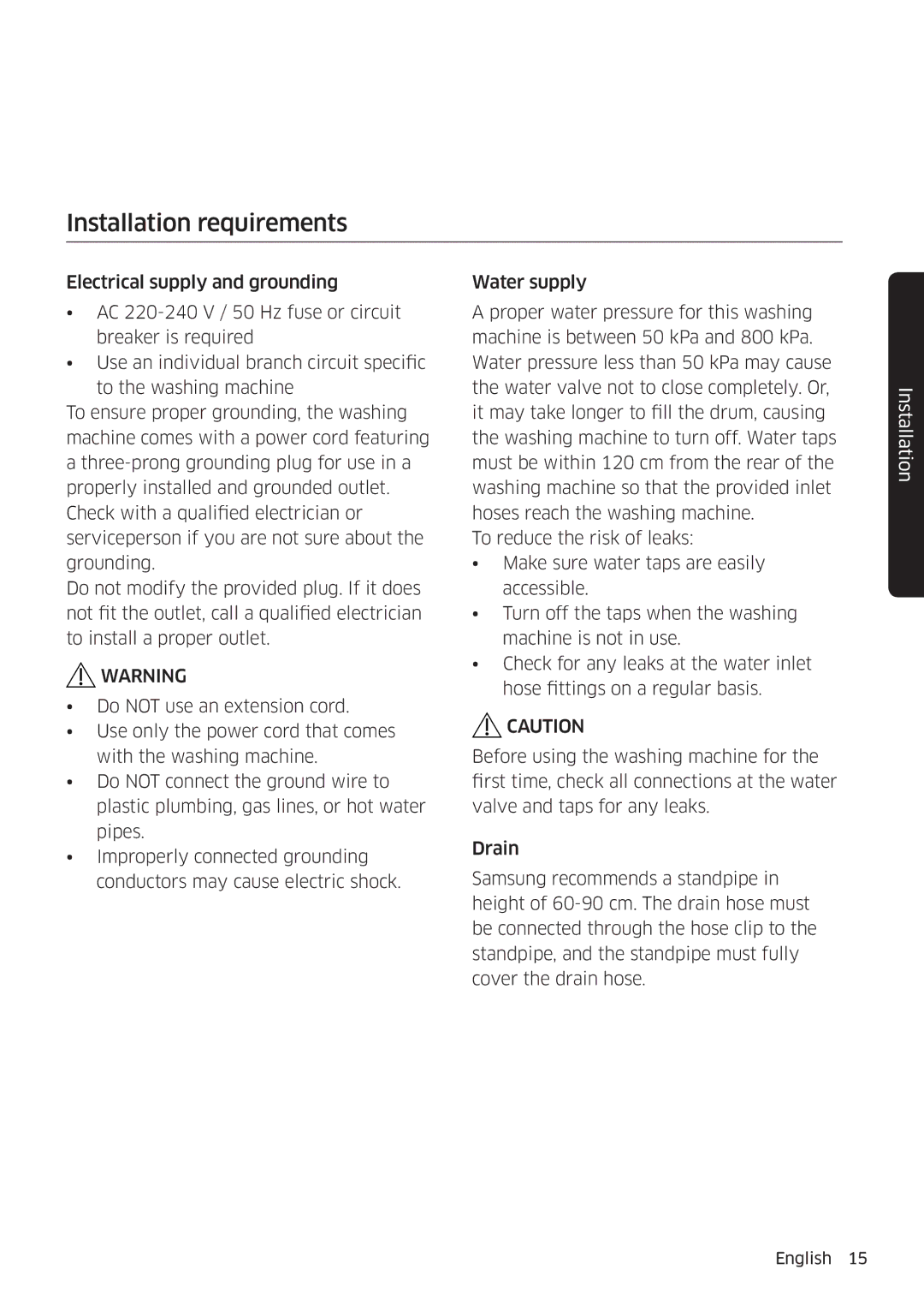 Samsung WW80K6604QW/EE, WW80K6604SW/EE, WW90K6604SW/EE, WW90K6604QW/EE manual Installation requirements 