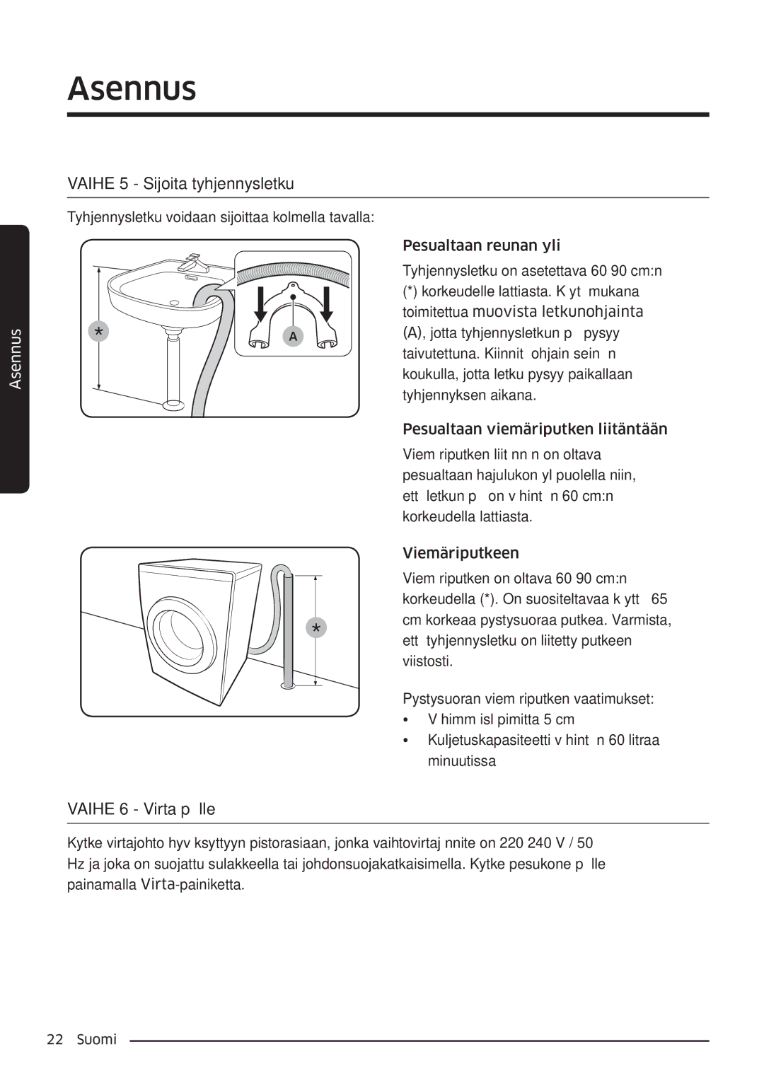 Samsung WW90K6604QW/EE, WW80K6604SW/EE, WW90K6604SW/EE, WW80K6604QW/EE Vaihe 5 Sijoita tyhjennysletku, Vaihe 6 Virta päälle 