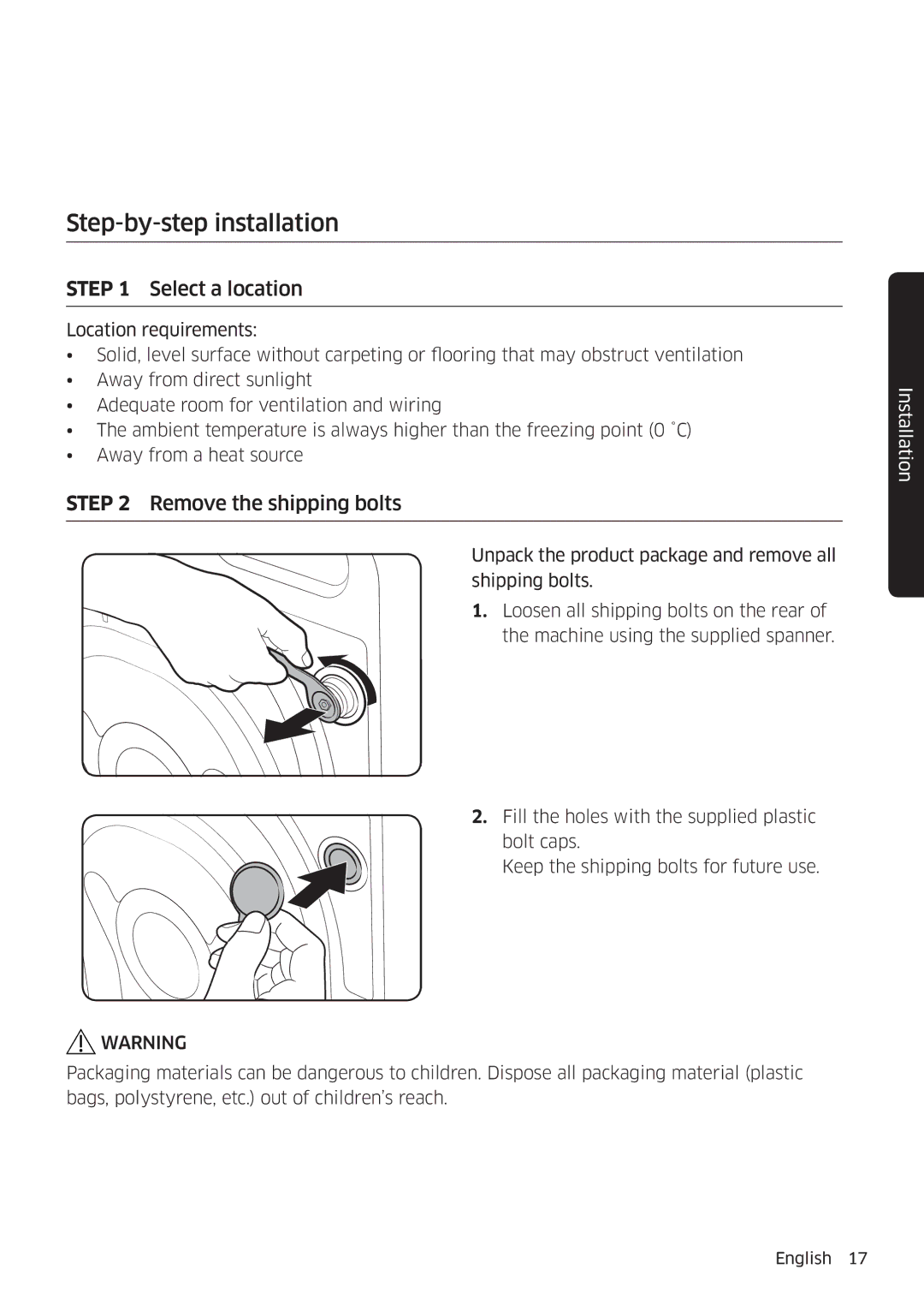 Samsung WW90K6604SW/EE, WW80K6604SW/EE, WW90K6604QW/EE, WW80K6604QW/EE manual Step-by-step installation, Select a location 