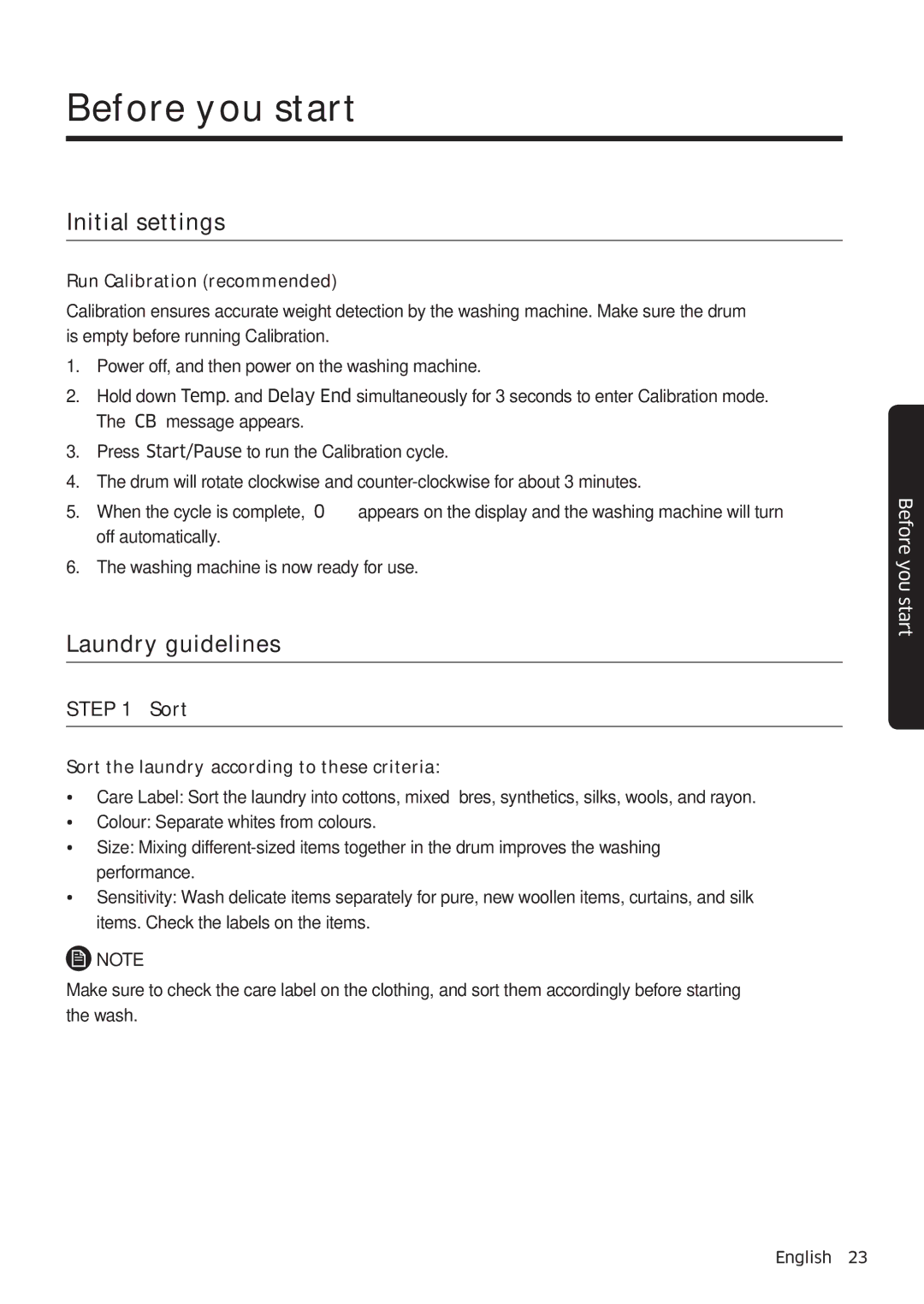 Samsung WW80K6604QW/EE, WW80K6604SW/EE, WW90K6604SW/EE manual Before you start, Initial settings, Laundry guidelines, Sort 