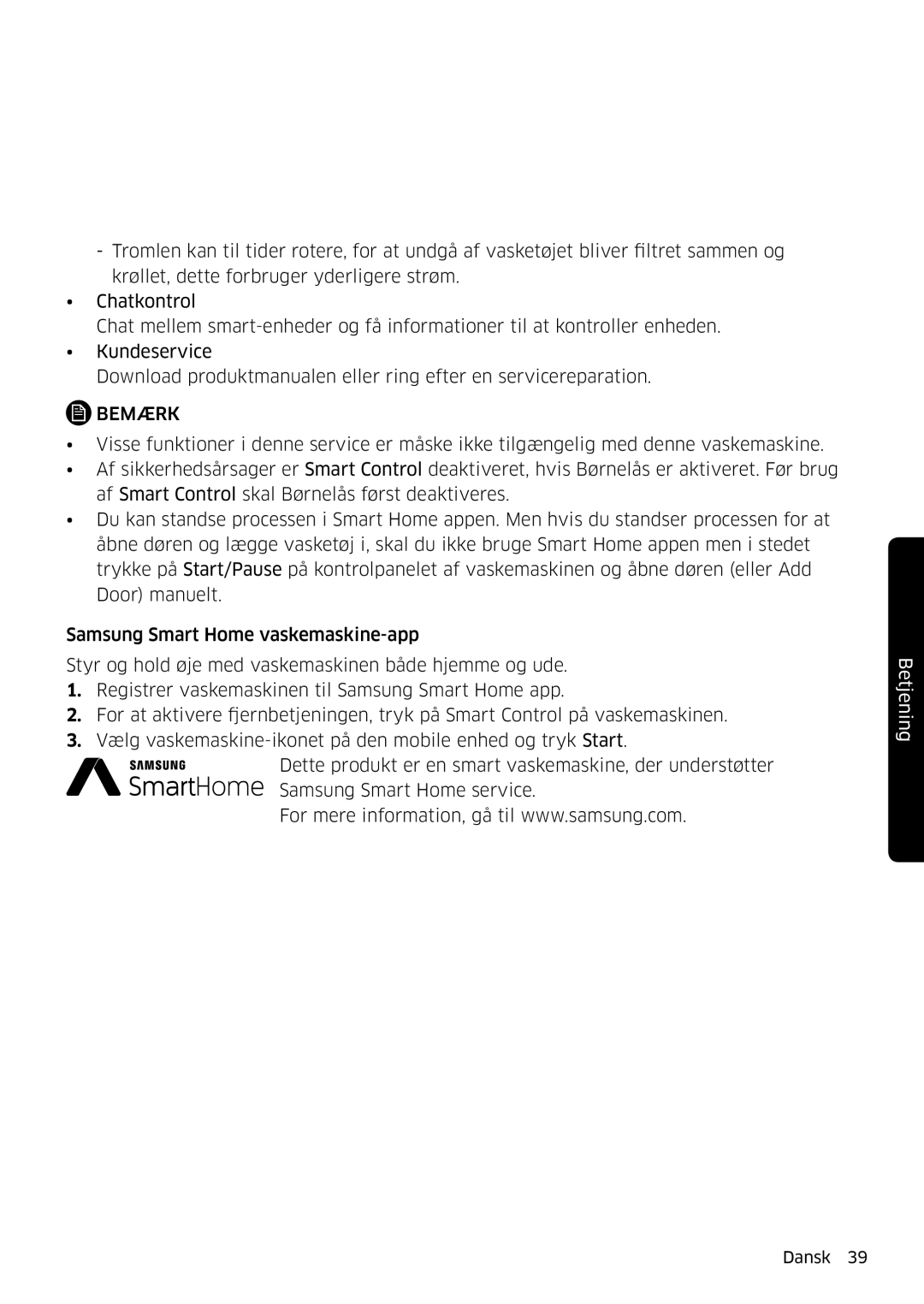 Samsung WW80K6604QW/EE, WW80K6604SW/EE, WW90K6604SW/EE, WW90K6604QW/EE manual Bemærk 