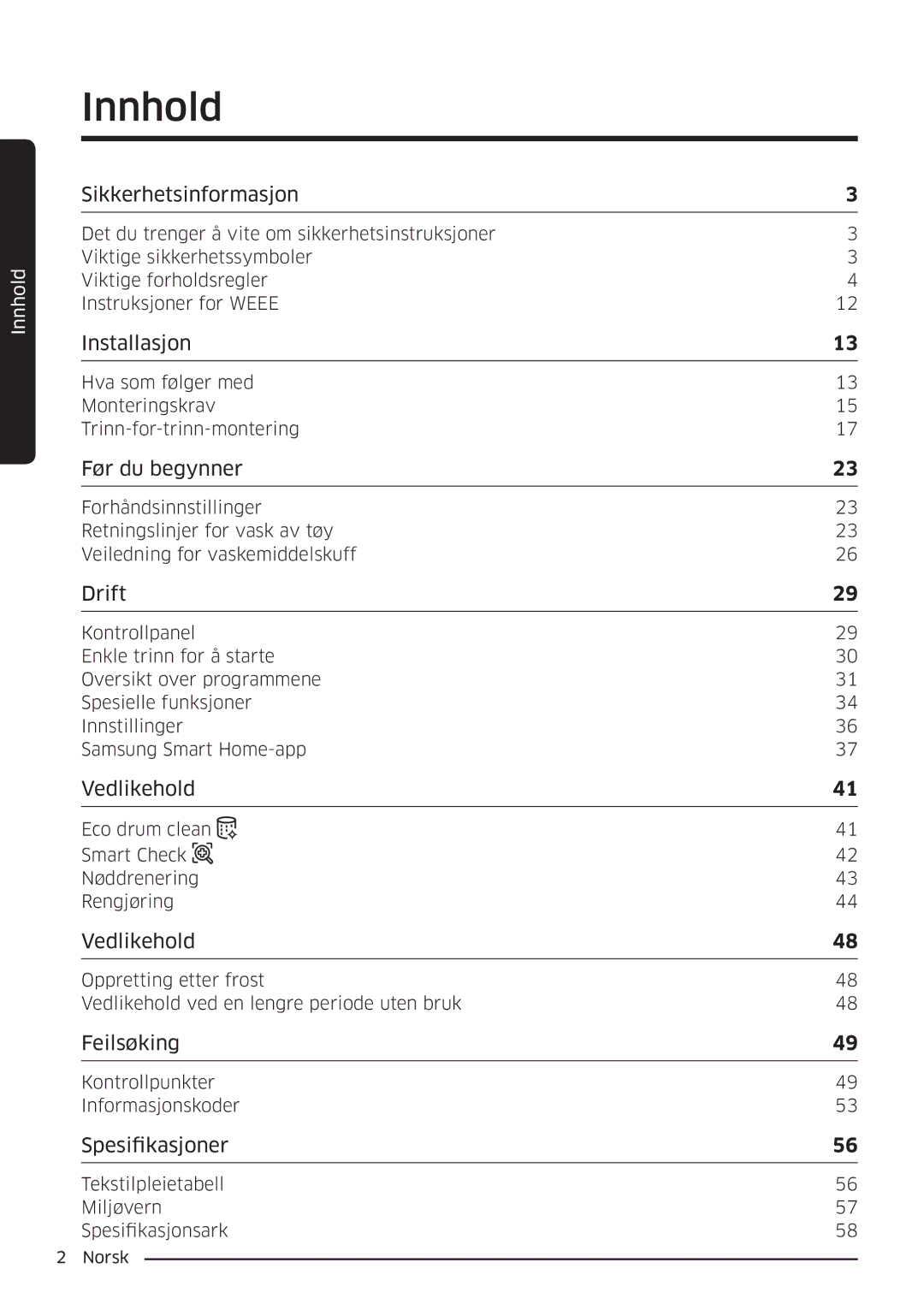 Samsung WW90K6604QW/EE, WW80K6604SW/EE, WW90K6604SW/EE, WW80K6604QW/EE manual Innhold, Sikkerhetsinformasjon 