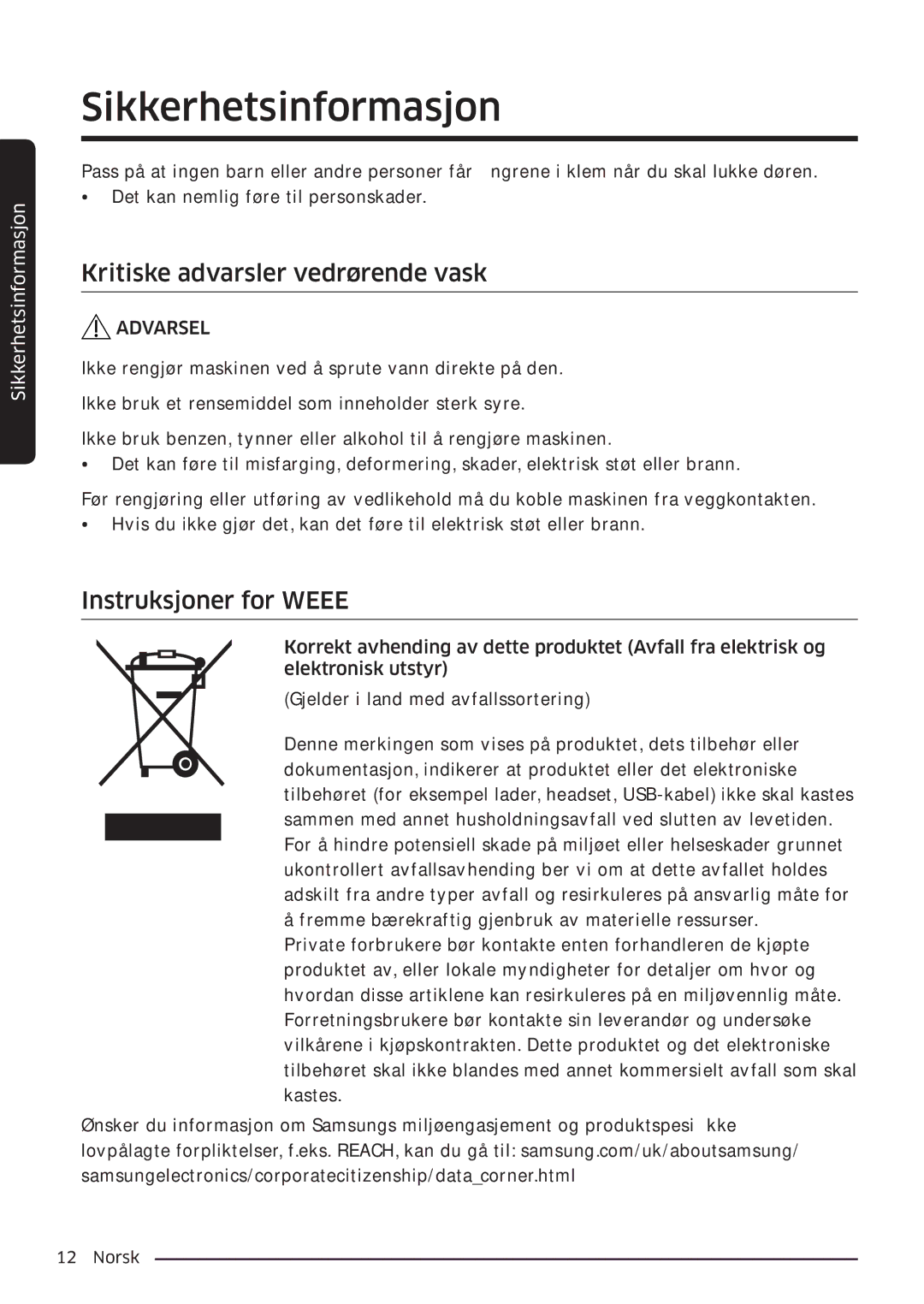 Samsung WW80K6604SW/EE, WW90K6604SW/EE, WW90K6604QW/EE manual Kritiske advarsler vedrørende vask, Instruksjoner for Weee 