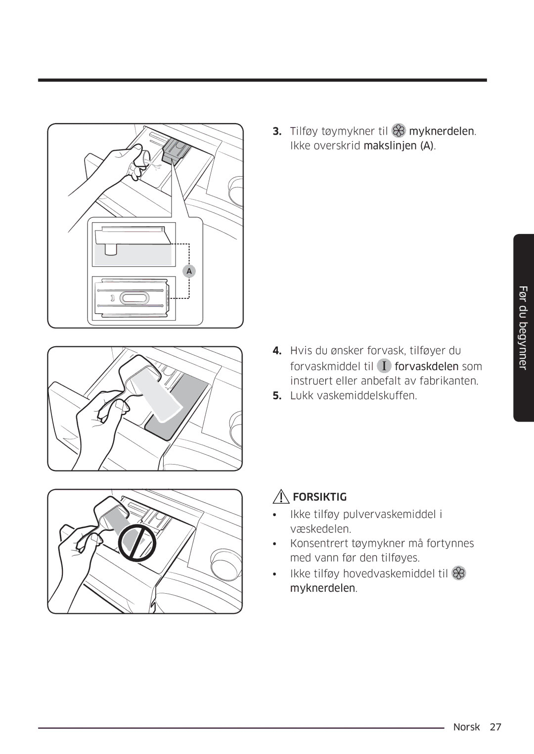 Samsung WW80K6604QW/EE, WW80K6604SW/EE, WW90K6604SW/EE, WW90K6604QW/EE manual Forsiktig 