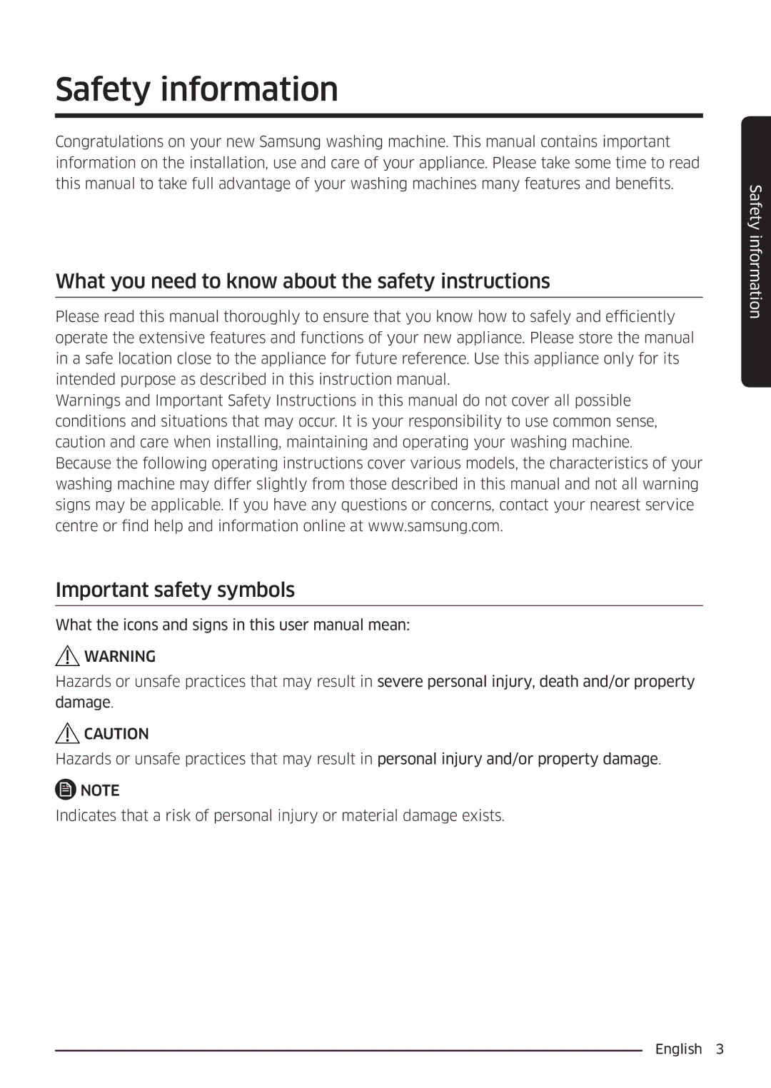 Samsung WW80K6604QW/EE, WW80K6604SW/EE, WW90K6604SW/EE, WW90K6604QW/EE manual Safety information 