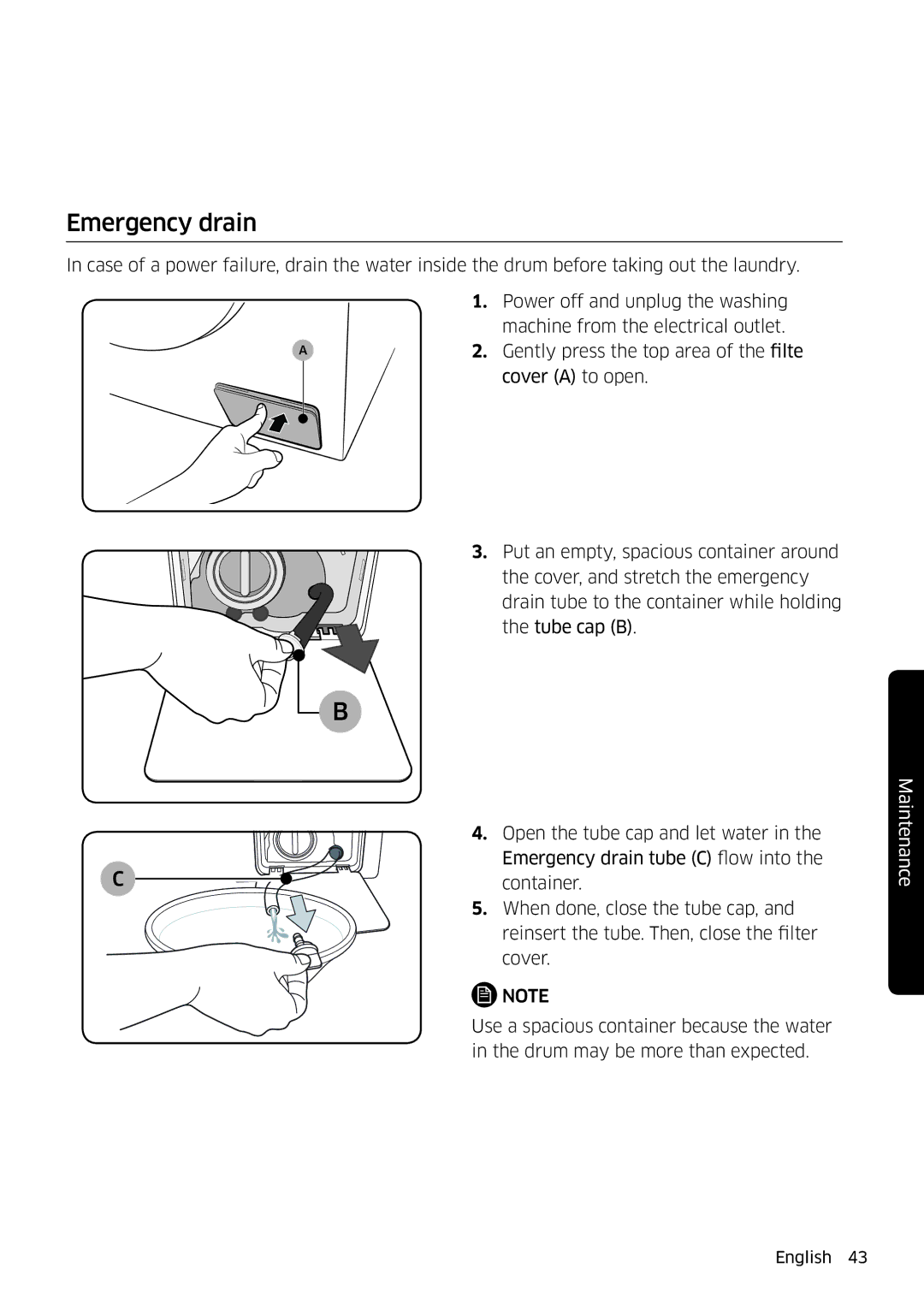 Samsung WW80K6604QW/EE, WW80K6604SW/EE, WW90K6604SW/EE, WW90K6604QW/EE manual Emergency drain 