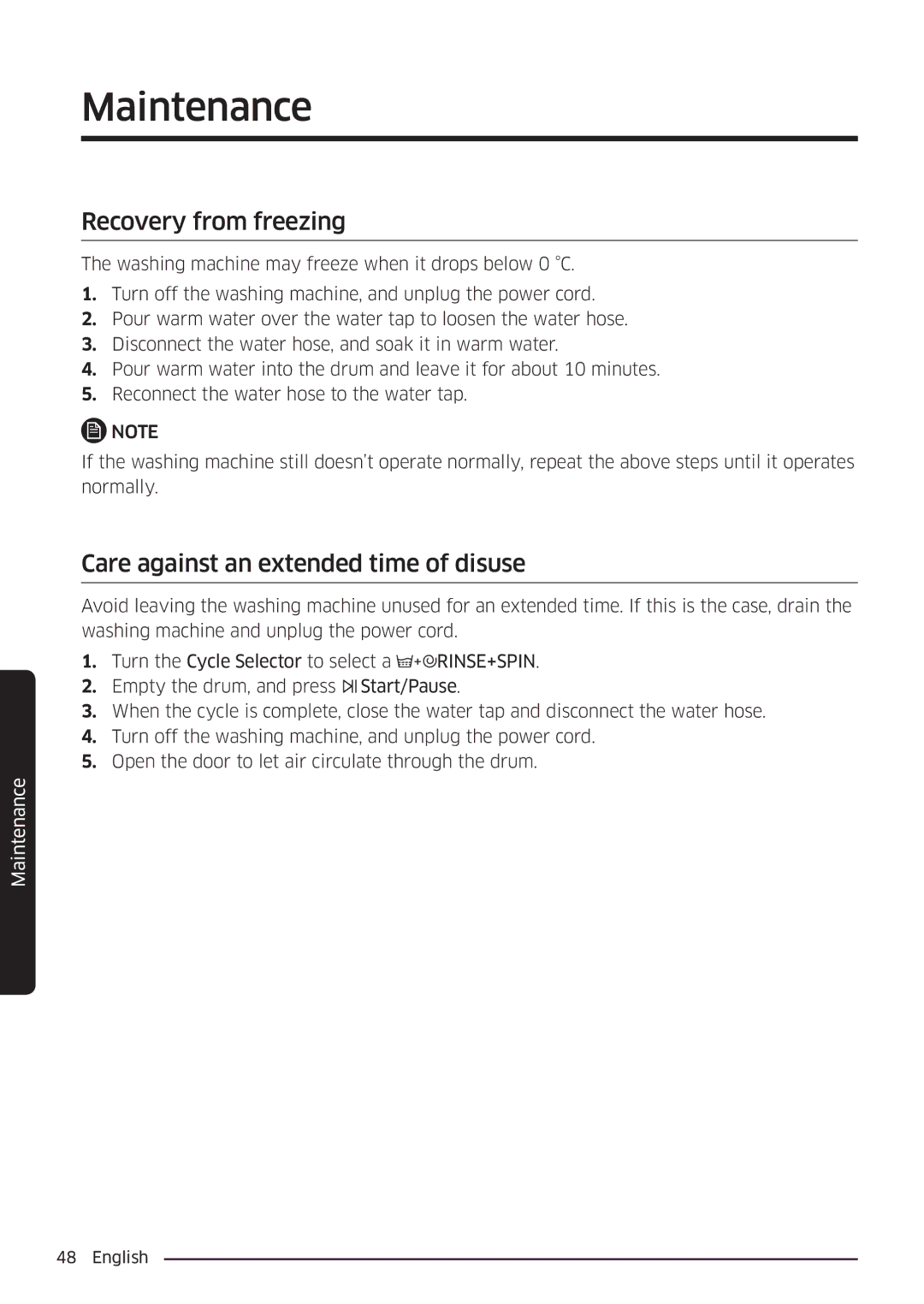 Samsung WW80K6604SW/EE, WW90K6604SW/EE, WW90K6604QW/EE manual Recovery from freezing, Care against an extended time of disuse 