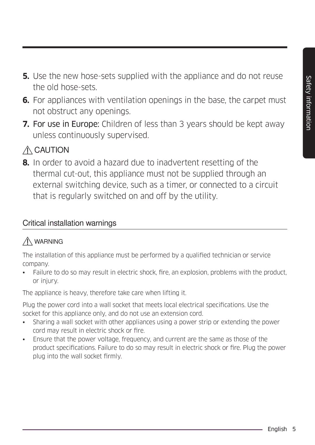 Samsung WW90K6604SW/EE, WW80K6604SW/EE, WW90K6604QW/EE, WW80K6604QW/EE manual Safety information 