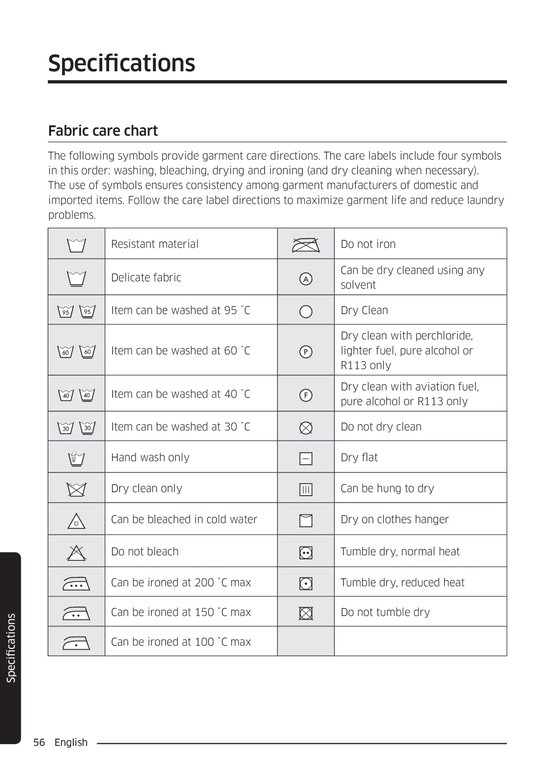 Samsung WW80K6604SW/EE, WW90K6604SW/EE, WW90K6604QW/EE, WW80K6604QW/EE manual Specifications, Fabric care chart 