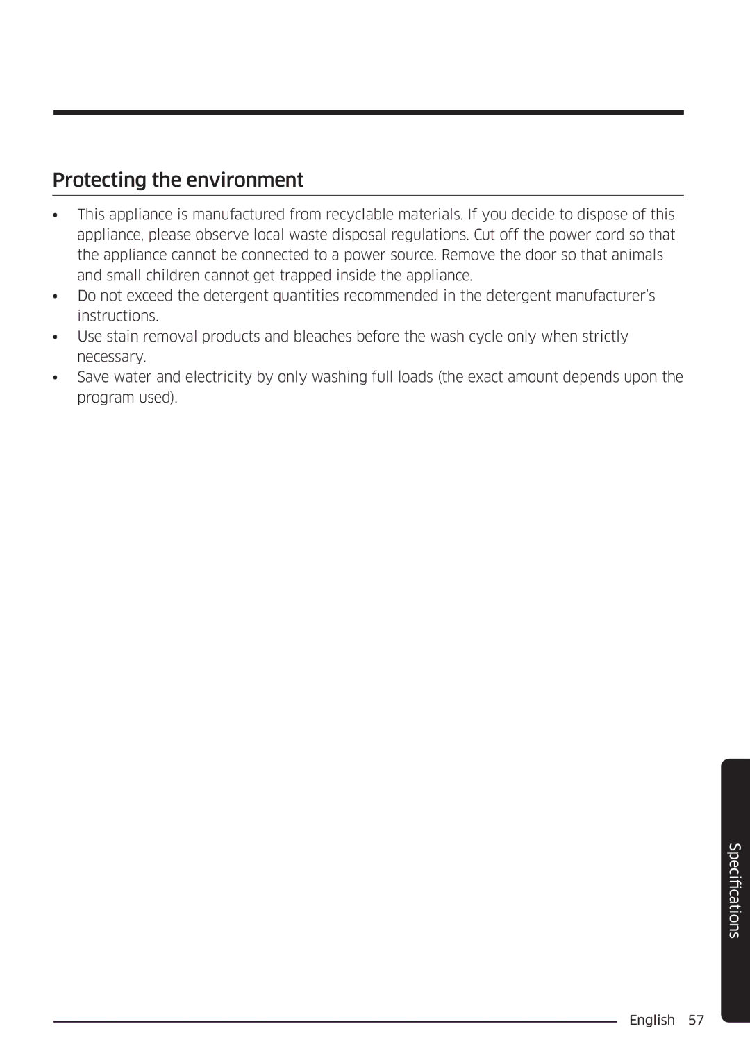 Samsung WW90K6604SW/EE, WW80K6604SW/EE, WW90K6604QW/EE, WW80K6604QW/EE manual Protecting the environment 