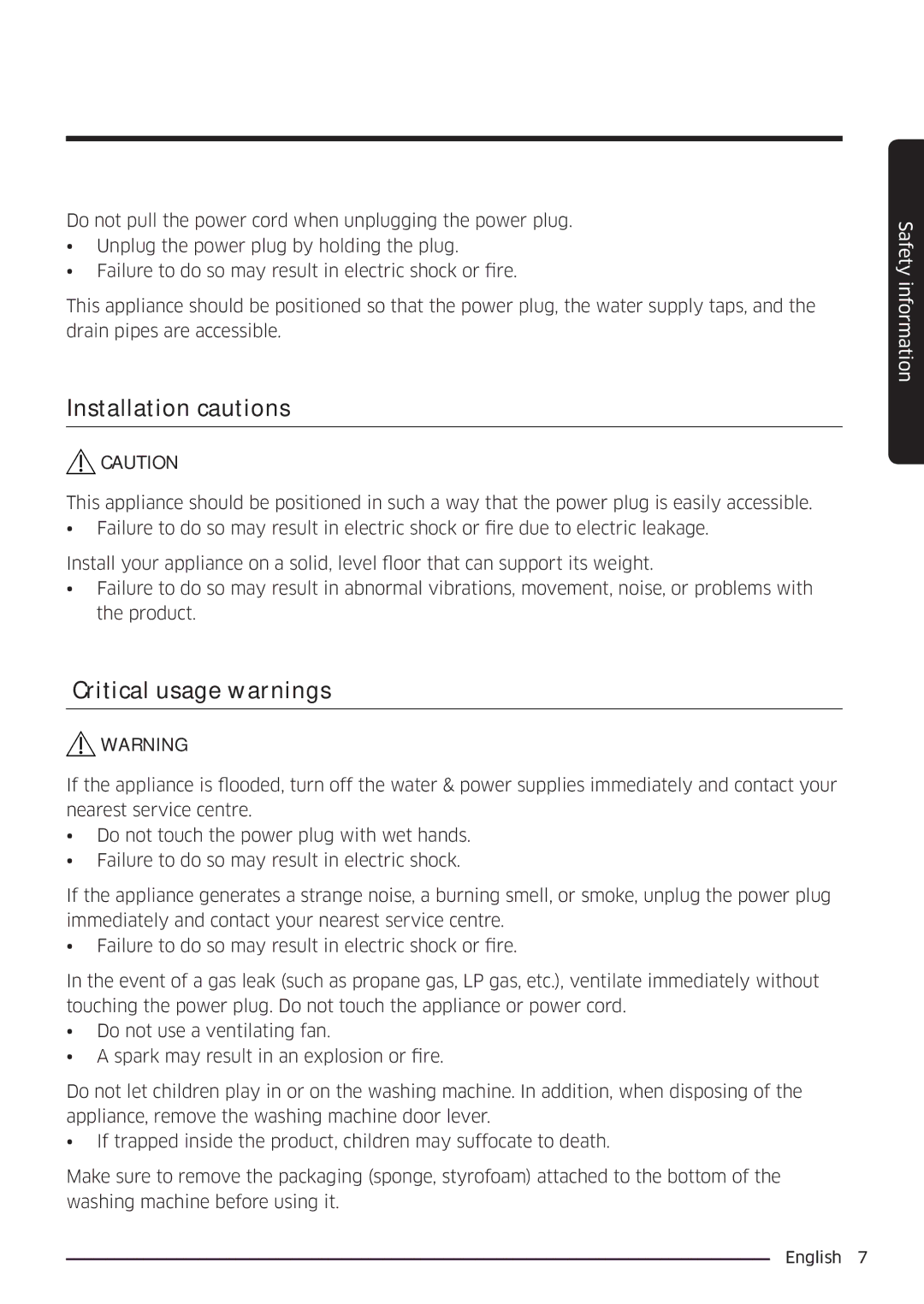 Samsung WW80K6604QW/EE, WW80K6604SW/EE, WW90K6604SW/EE, WW90K6604QW/EE manual Installation cautions, Critical usage warnings 