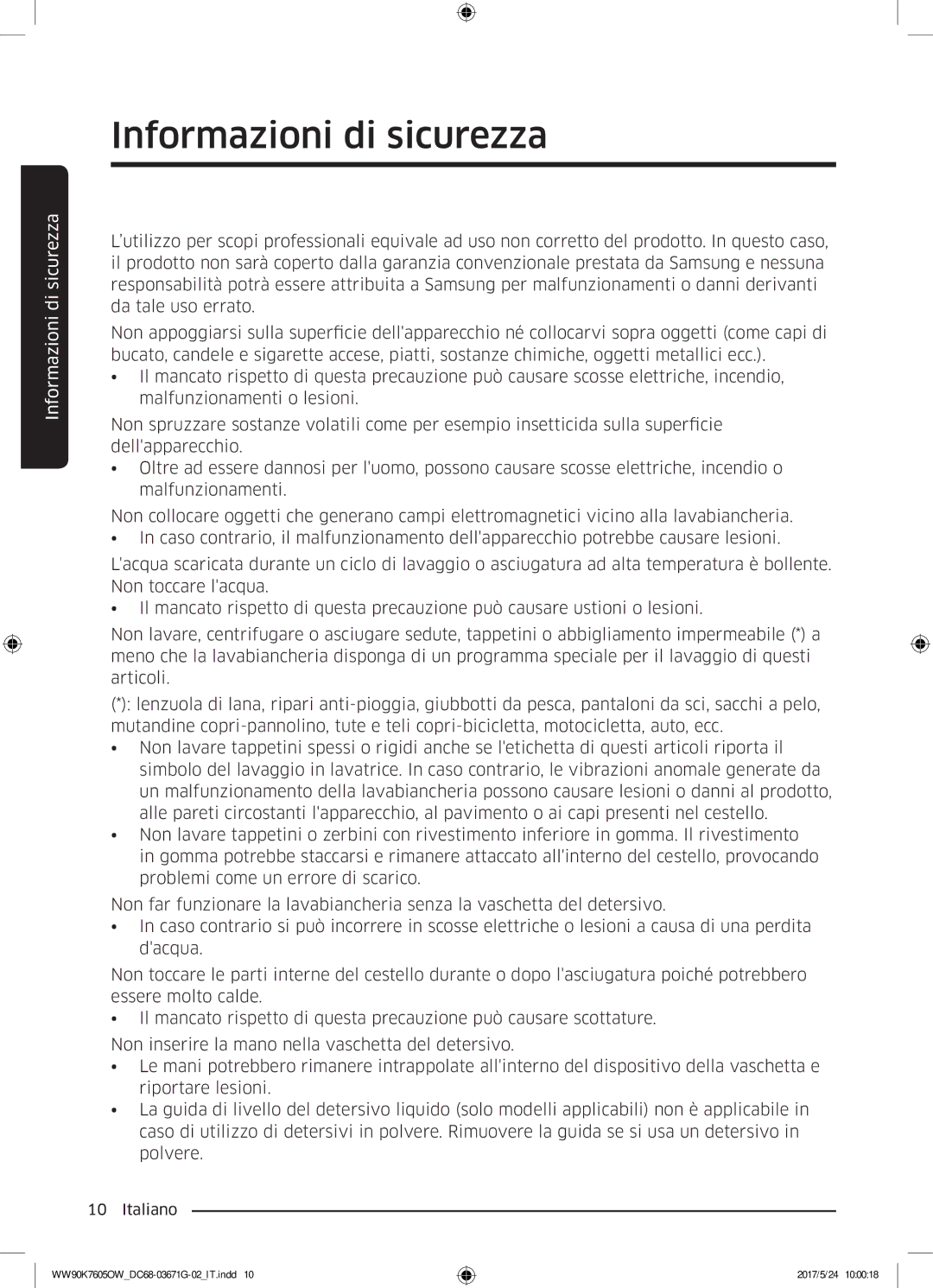 Samsung WW80K7405OW/ET, WW80K7605OW/ET, WW90K7605OW/ET manual Informazioni di sicurezza 