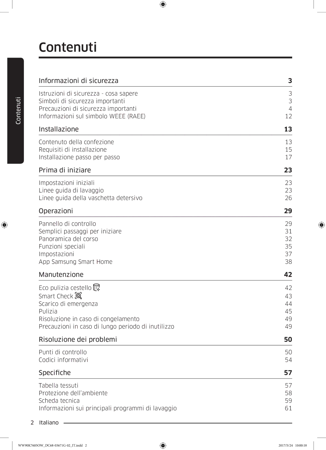 Samsung WW90K7605OW/ET, WW80K7605OW/ET, WW80K7405OW/ET manual Contenuti, Informazioni di sicurezza 