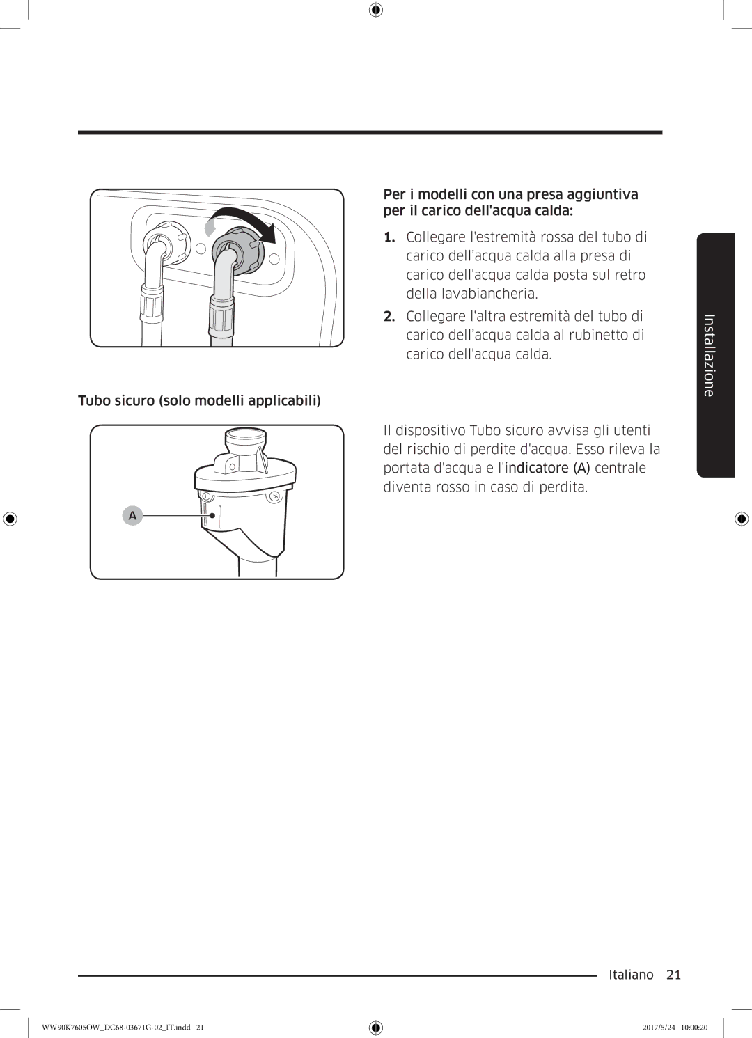 Samsung WW80K7605OW/ET, WW80K7405OW/ET, WW90K7605OW/ET manual Carico dell’acqua calda al rubinetto di 