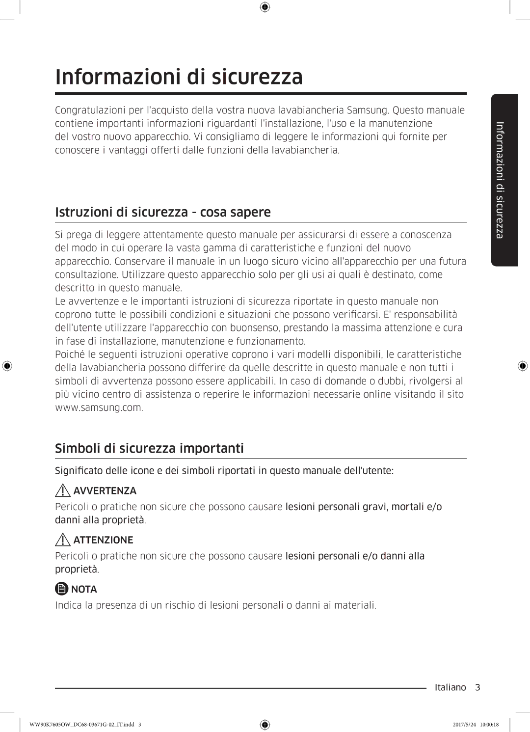 Samsung WW80K7605OW/ET Informazioni di sicurezza, Istruzioni di sicurezza cosa sapere, Simboli di sicurezza importanti 