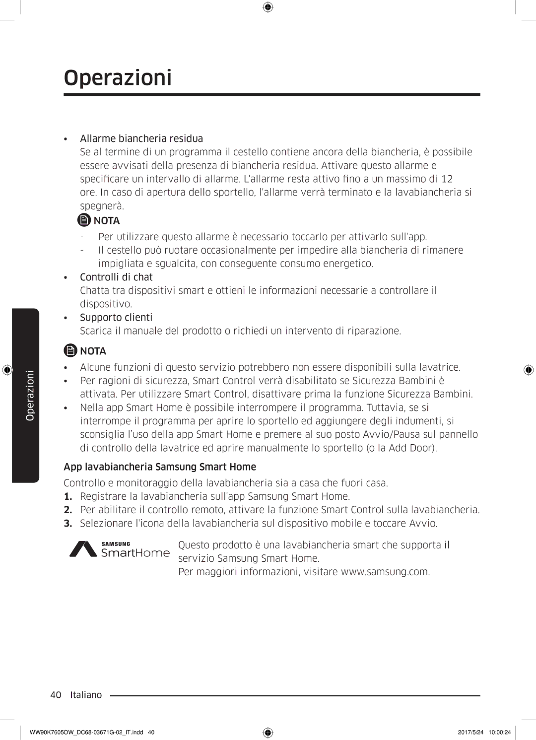 Samsung WW80K7405OW/ET, WW80K7605OW/ET, WW90K7605OW/ET manual Operazioni 