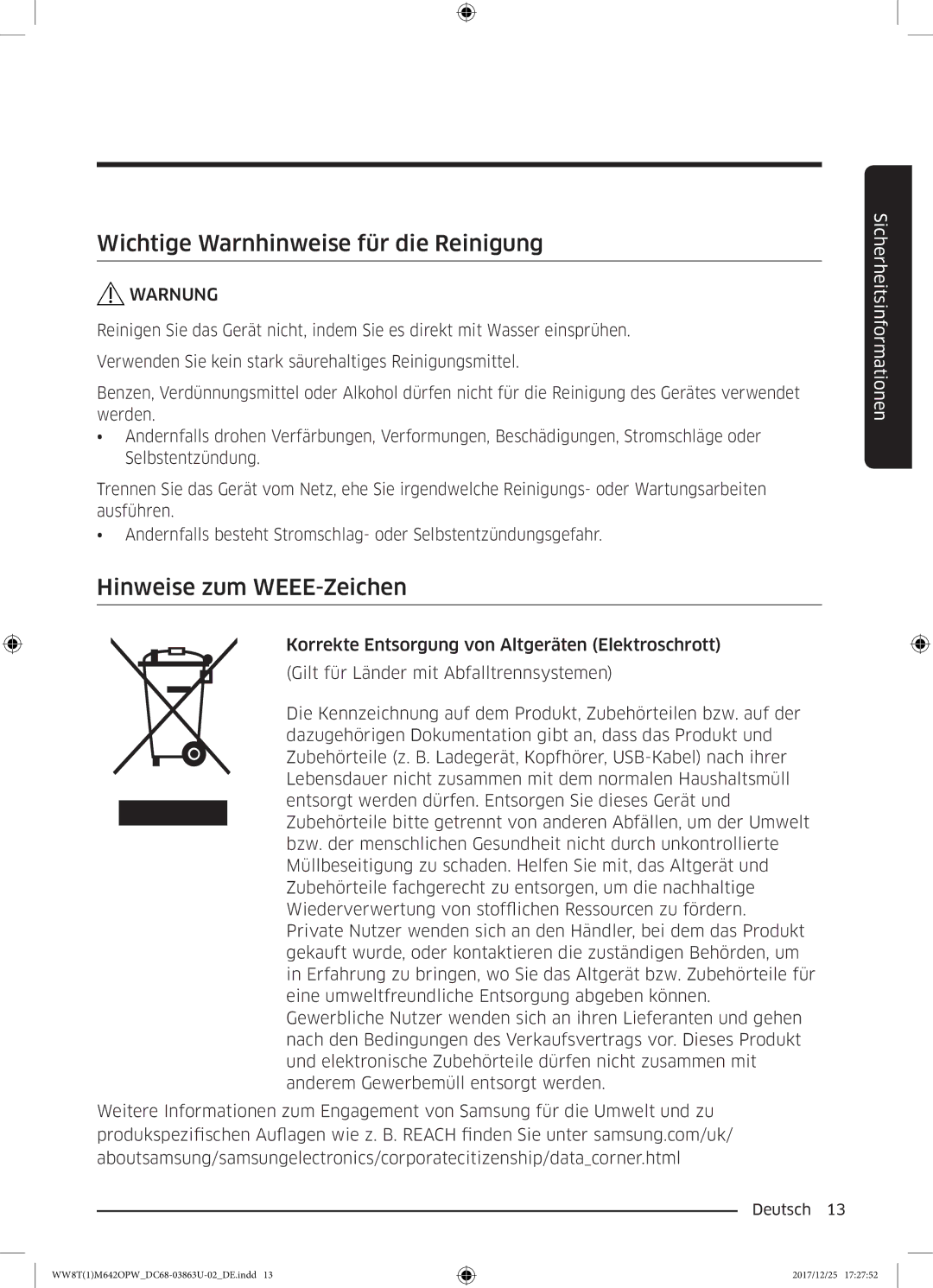 Samsung WW7XM642OPA/EG, WW80M642OPW/EG, WW8EM642OPW/EG Wichtige Warnhinweise für die Reinigung, Hinweise zum WEEE-Zeichen 