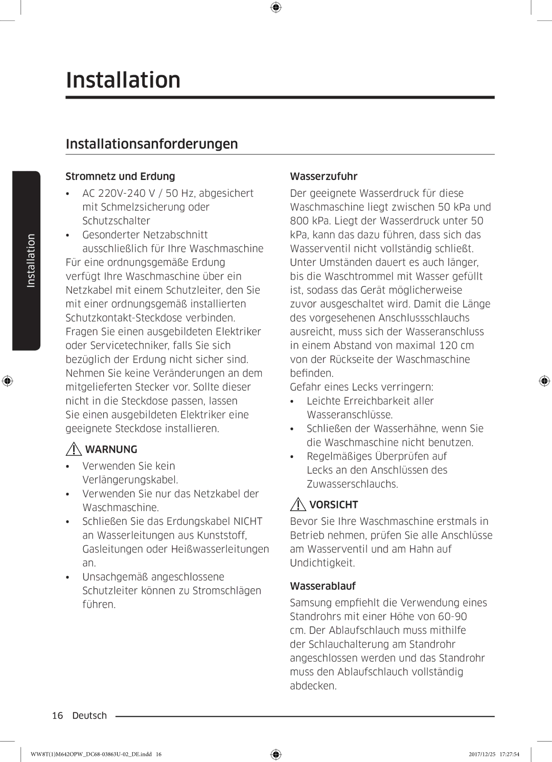 Samsung WW8EM642OPW/EG, WW80M642OPW/EG, WW81M642OPW/EG, WW7XM642OPA/EG, WW8TM642OPW/EG Installationsanforderungen, Warnung 