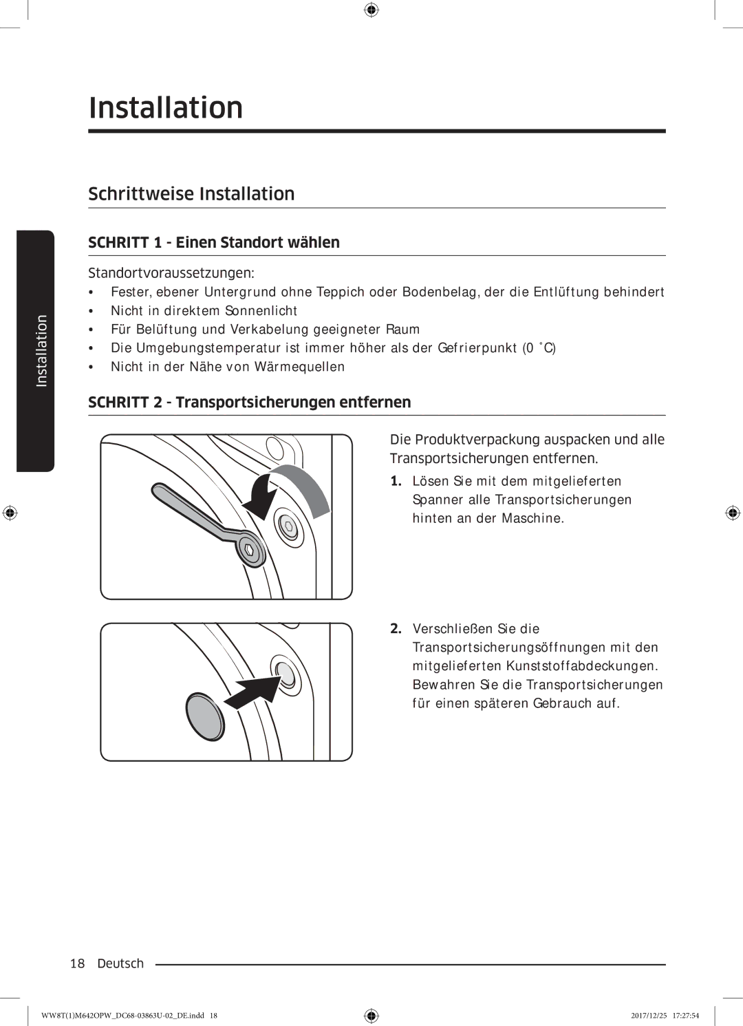 Samsung WW7XM642OPA/EG, WW80M642OPW/EG, WW8EM642OPW/EG manual Schrittweise Installation, Schritt 1 Einen Standort wählen 