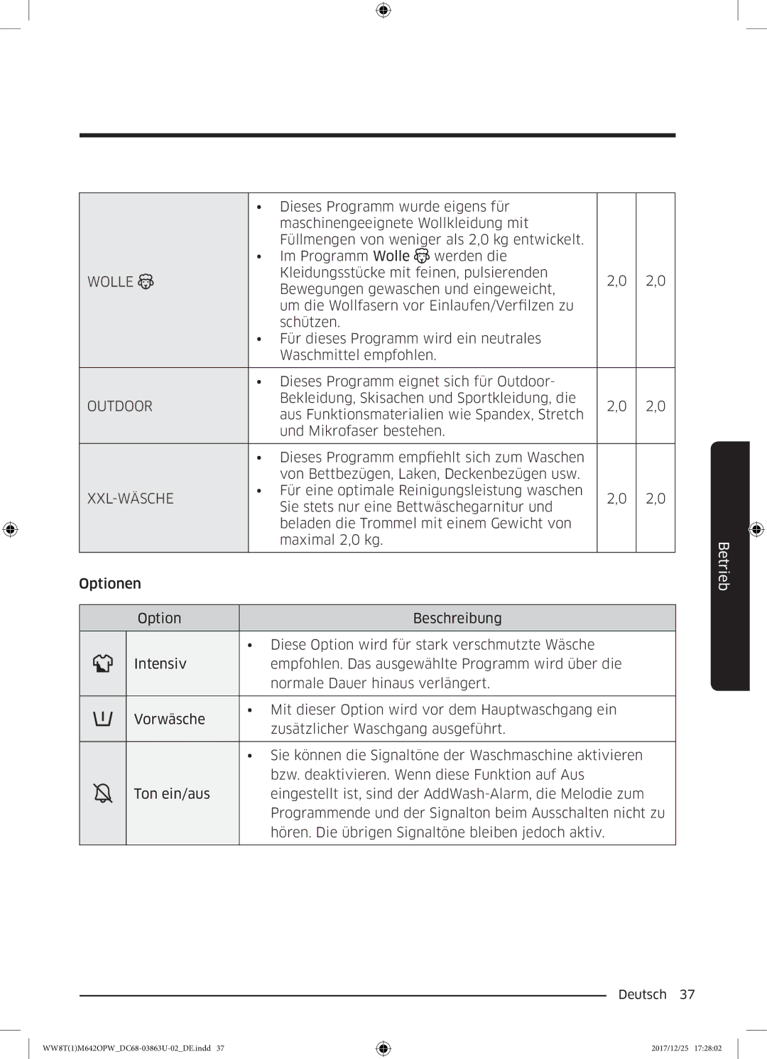 Samsung WW81M642OPW/EG, WW80M642OPW/EG, WW8EM642OPW/EG, WW7XM642OPA/EG, WW8TM642OPW/EG manual Wolle, Outdoor, Xxl-Wäsche 