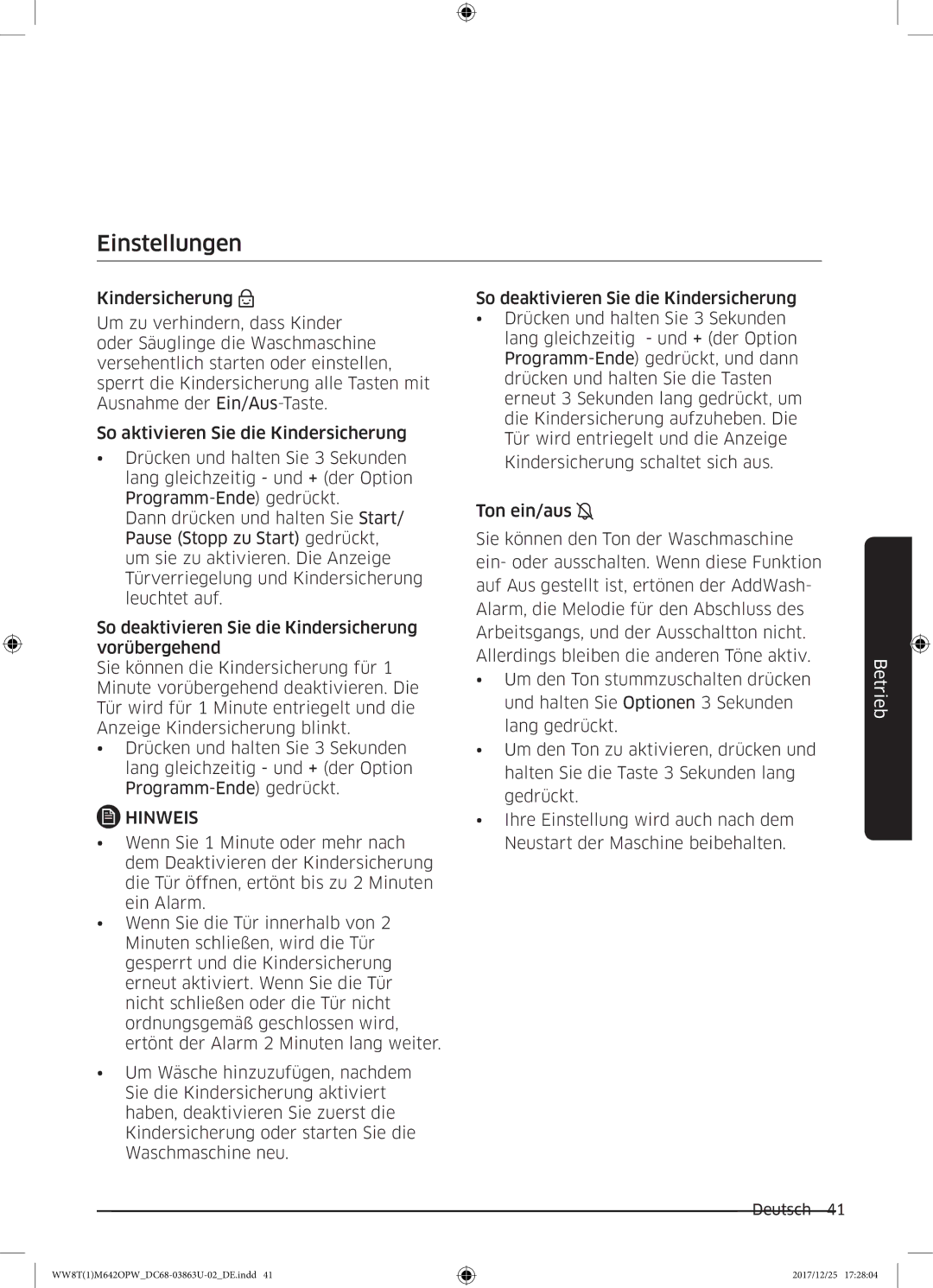 Samsung WW8EM642OPW/EG, WW80M642OPW/EG, WW81M642OPW/EG, WW7XM642OPA/EG, WW8TM642OPW/EG manual Einstellungen 