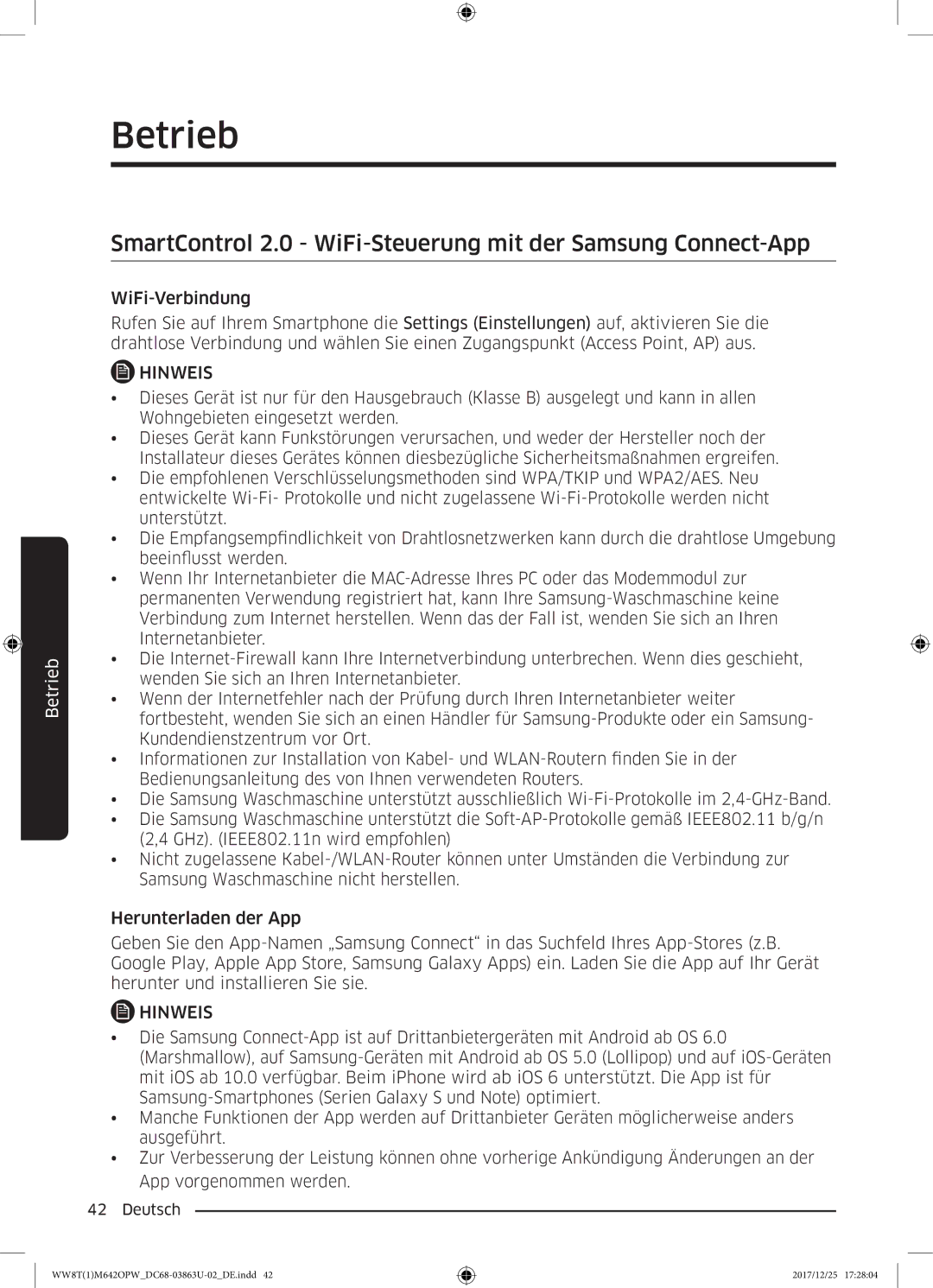 Samsung WW81M642OPW/EG, WW80M642OPW/EG, WW8EM642OPW/EG manual SmartControl 2.0 WiFi-Steuerung mit der Samsung Connect-App 