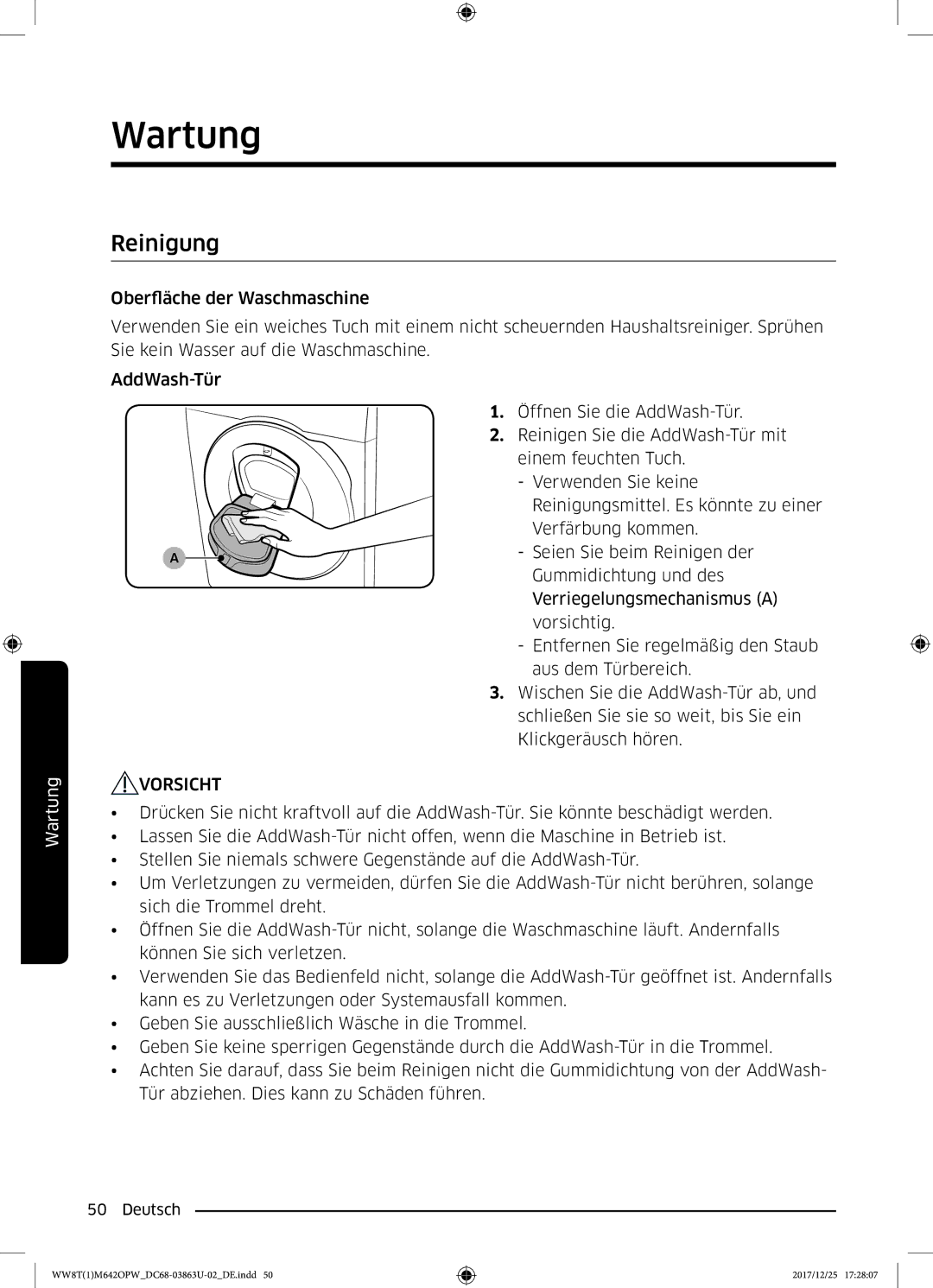 Samsung WW80M642OPW/EG, WW8EM642OPW/EG, WW81M642OPW/EG, WW7XM642OPA/EG, WW8TM642OPW/EG manual Reinigung, Vorsicht 