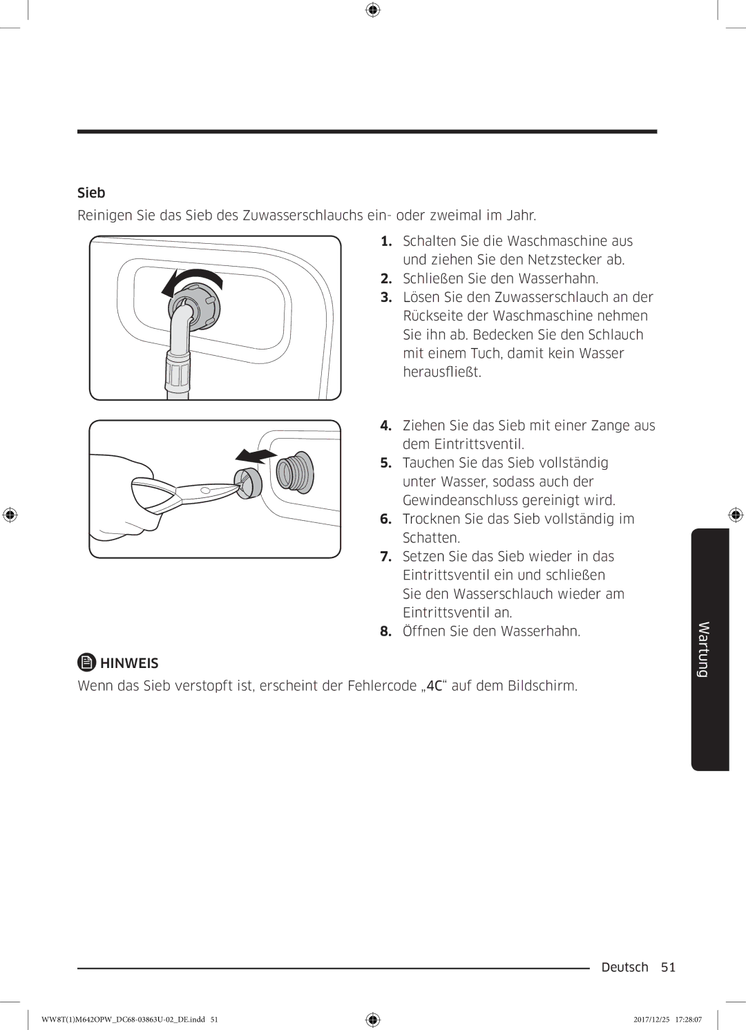 Samsung WW8EM642OPW/EG, WW80M642OPW/EG, WW81M642OPW/EG, WW7XM642OPA/EG, WW8TM642OPW/EG manual Hinweis 