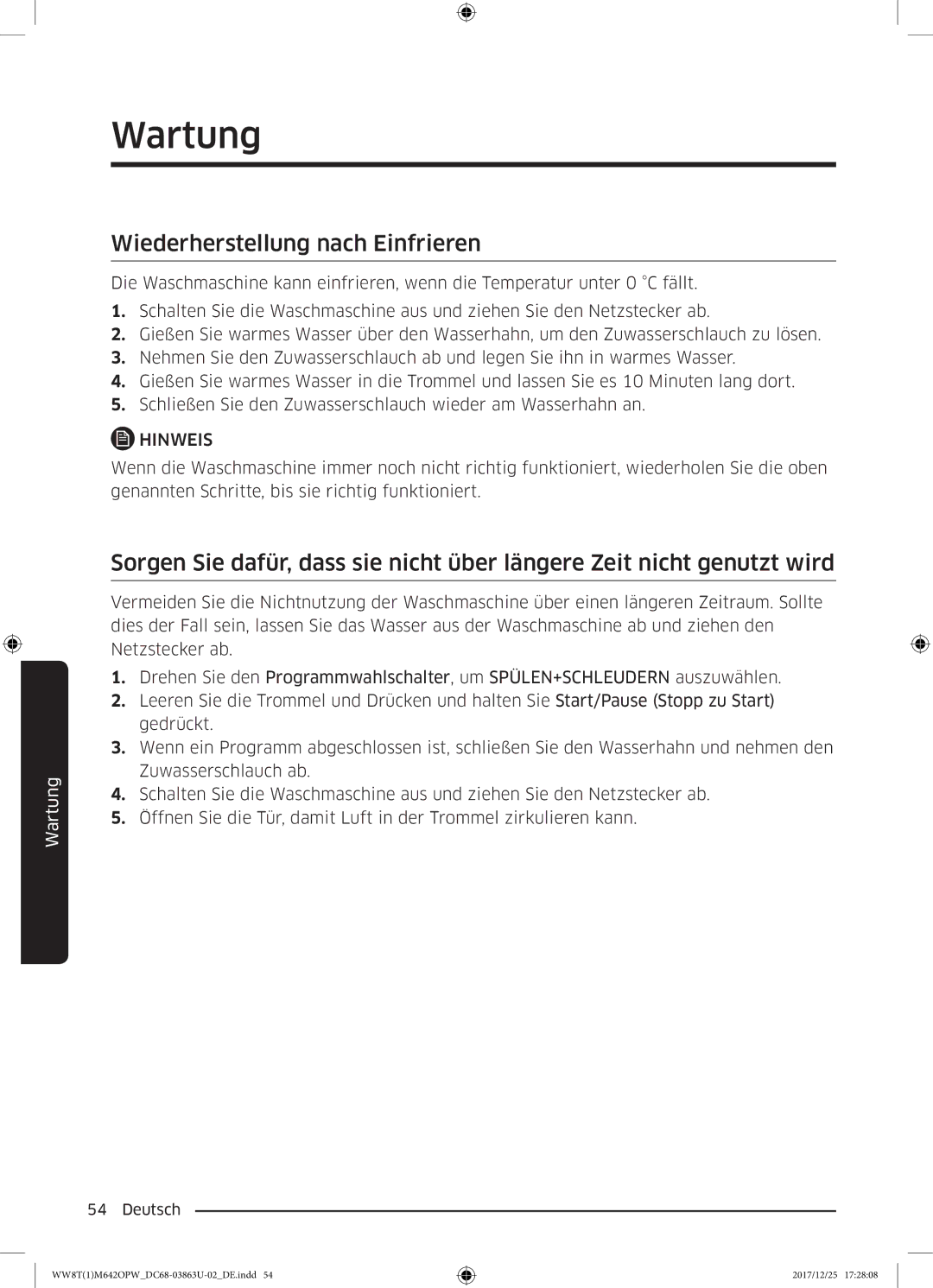 Samsung WW8TM642OPW/EG, WW80M642OPW/EG, WW8EM642OPW/EG, WW81M642OPW/EG, WW7XM642OPA/EG manual Wiederherstellung nach Einfrieren 