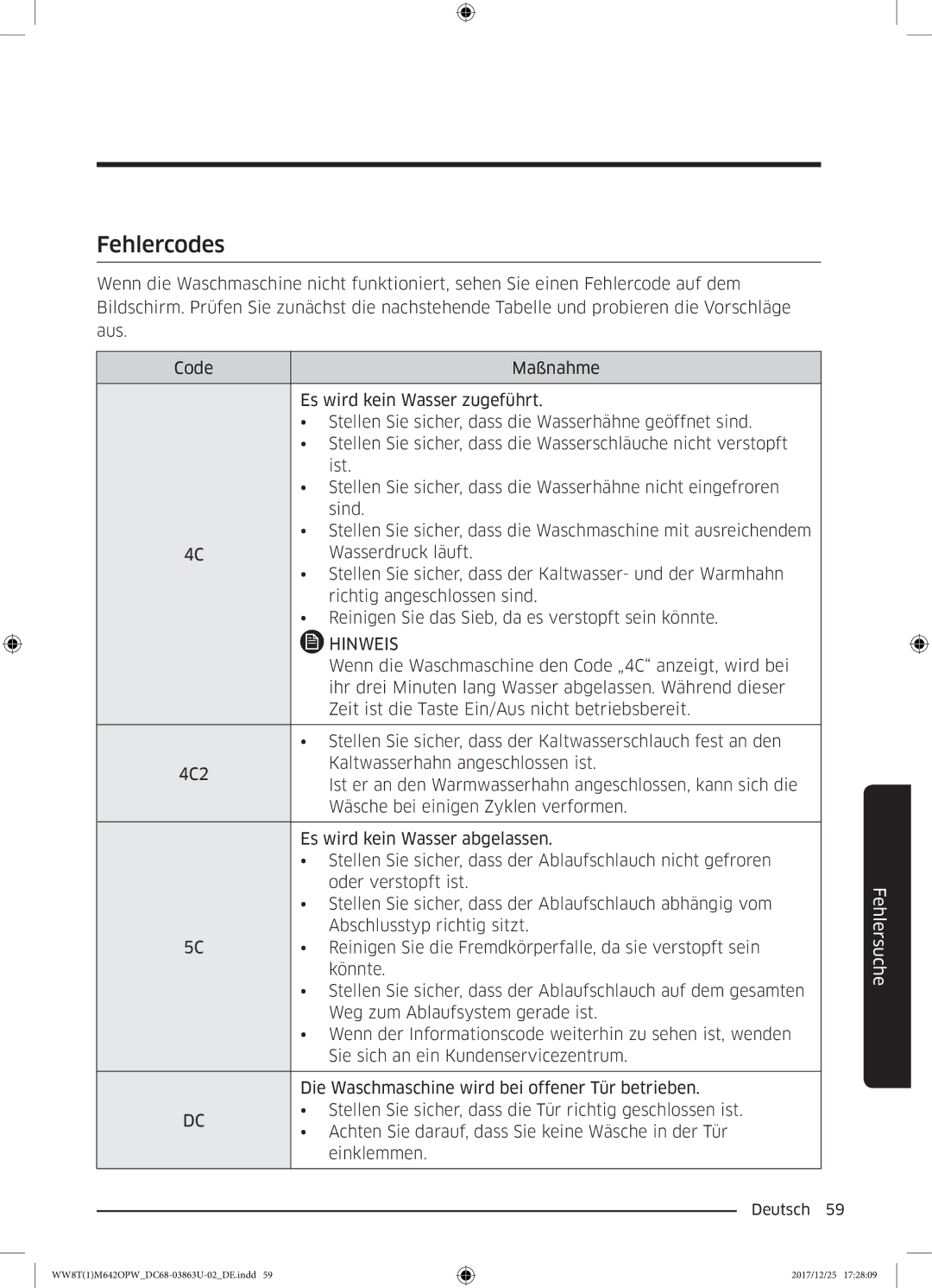 Samsung WW8TM642OPW/EG, WW80M642OPW/EG, WW8EM642OPW/EG, WW81M642OPW/EG, WW7XM642OPA/EG manual Fehlercodes, Hinweis 