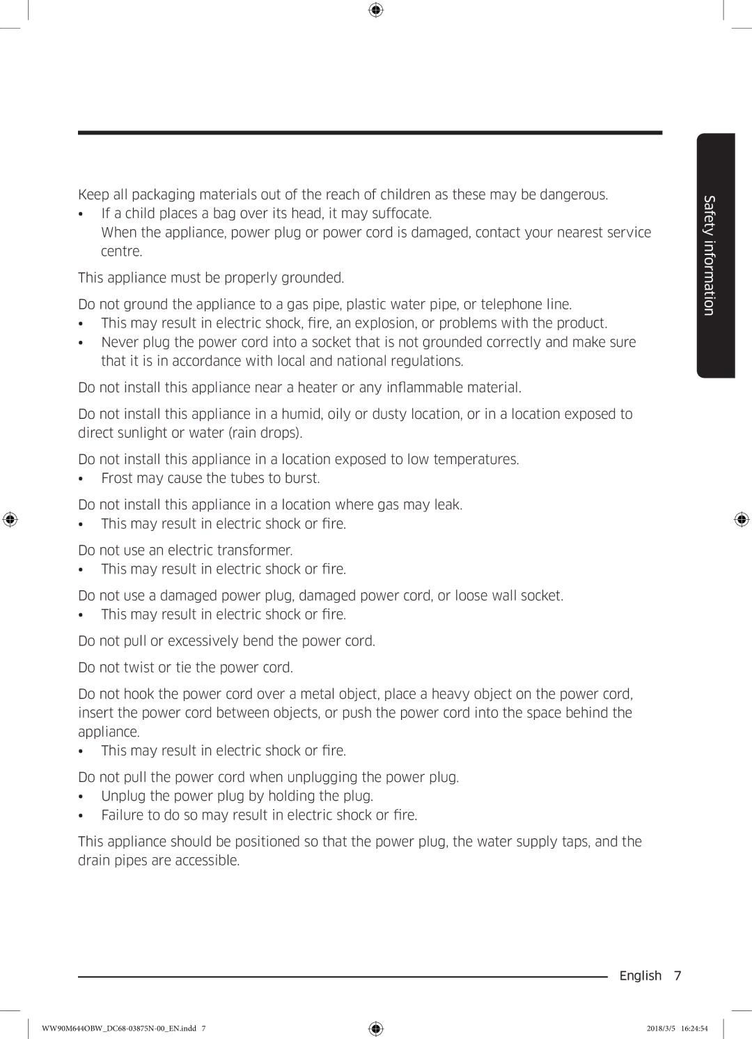 Samsung WW80M644OBM/KJ manual Safety information 