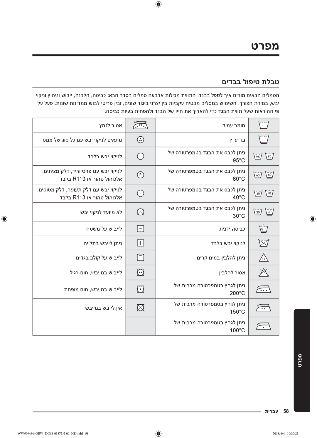 Samsung WW80M644OBM/KJ manual טרפממפרט, םידבב לופיט תלבט 