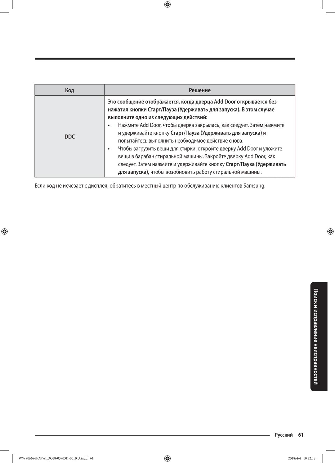 Samsung WW80M644OPM/KJ Код Решение, Выполните одно из следующих действий, Попытайтесь выполнить необходимое действие снова 