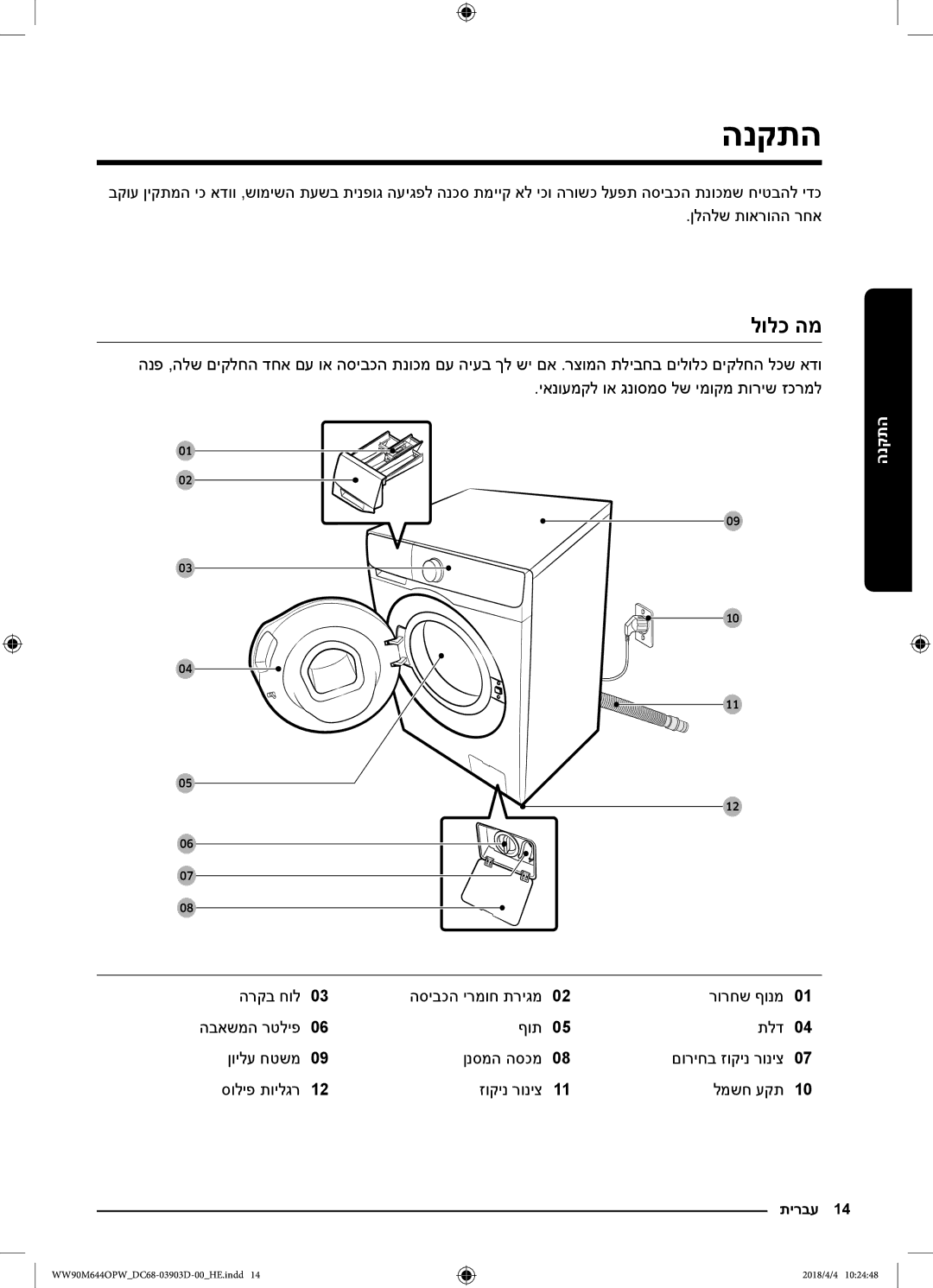 Samsung WW80M644OPM/KJ manual הנקתה, לולכ המ 