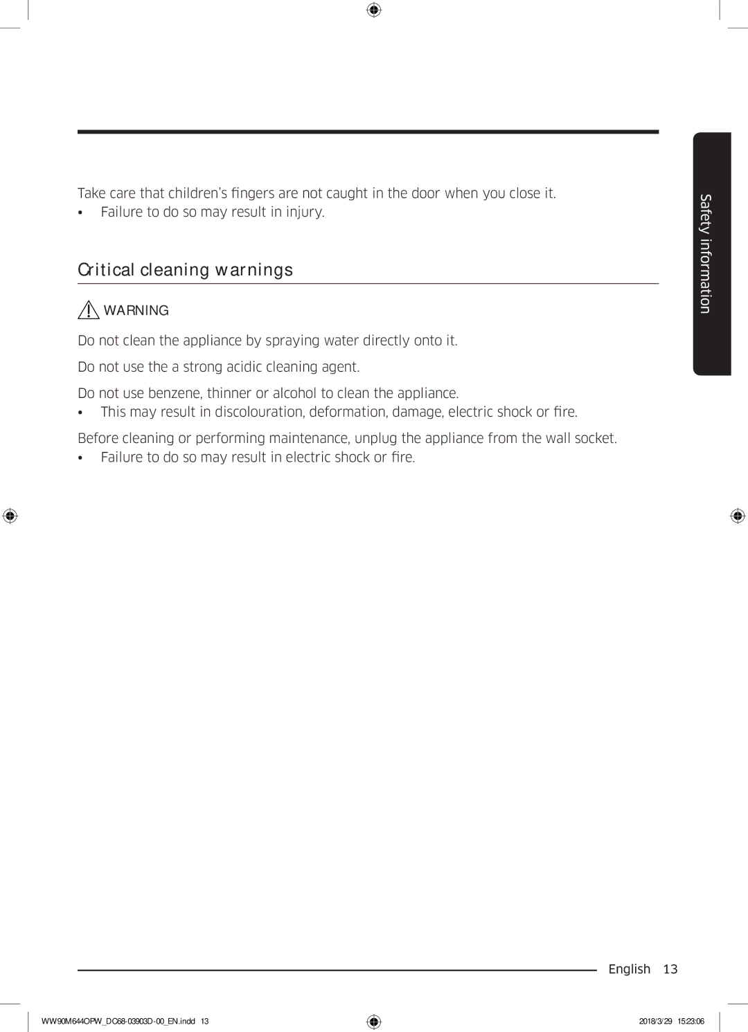 Samsung WW80M644OPM/KJ manual Critical cleaning warnings 