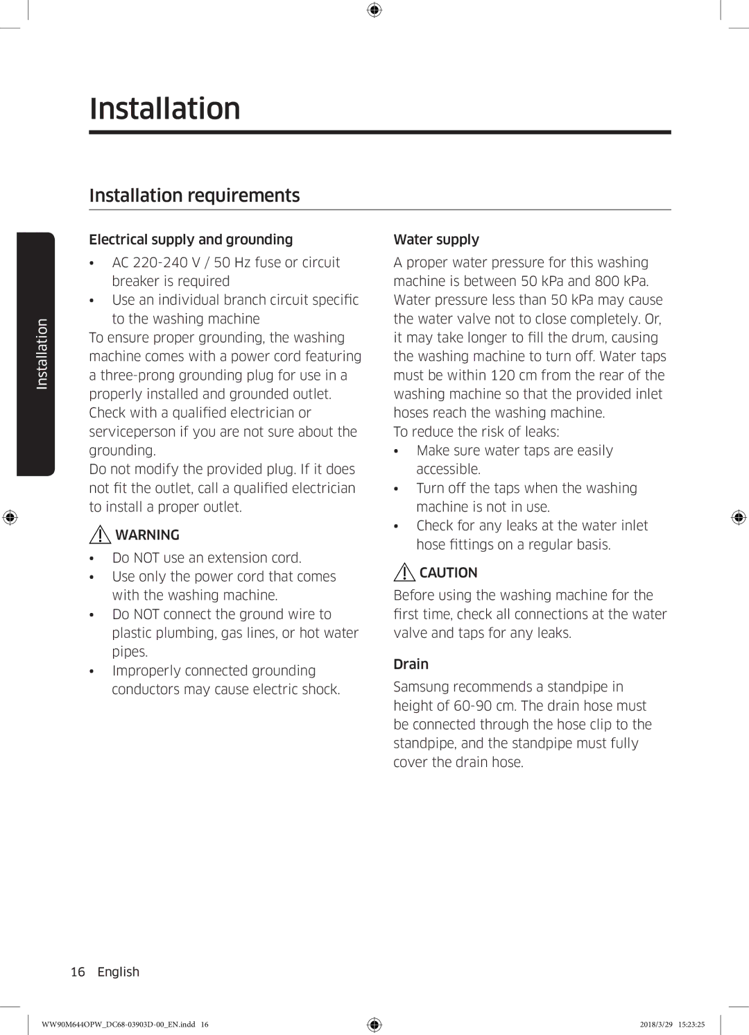 Samsung WW80M644OPM/KJ manual Installation requirements 