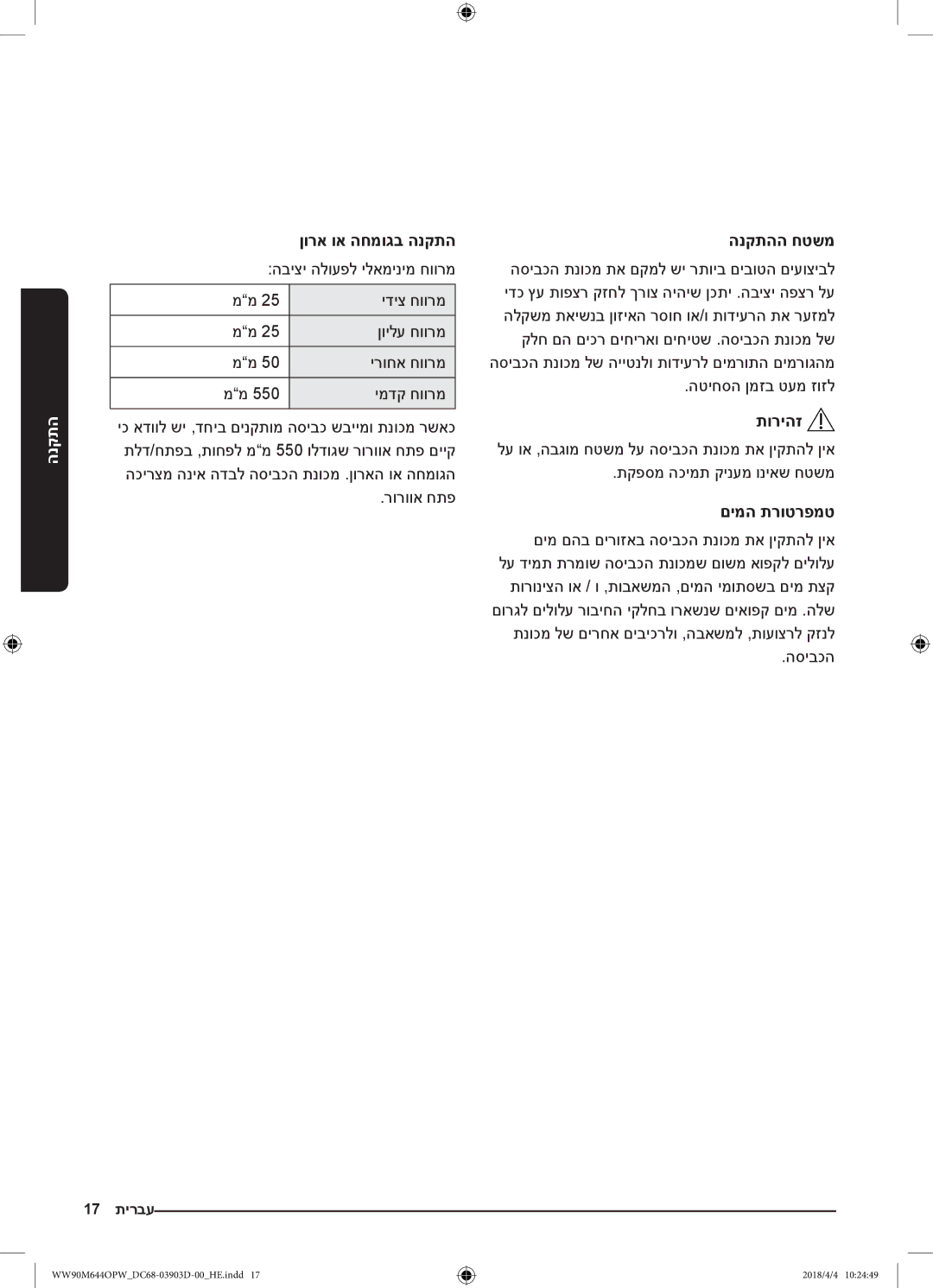 Samsung WW80M644OPM/KJ manual הנקתהה חטשמ, םימה תרוטרפמט 