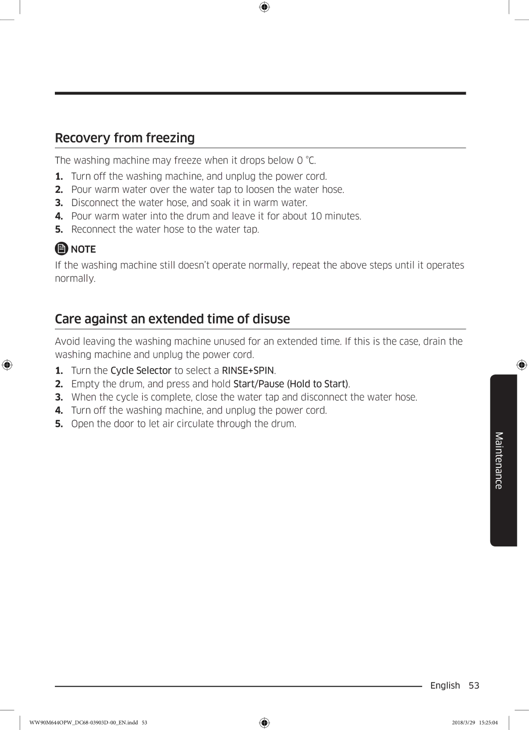 Samsung WW80M644OPM/KJ manual Recovery from freezing, Care against an extended time of disuse 