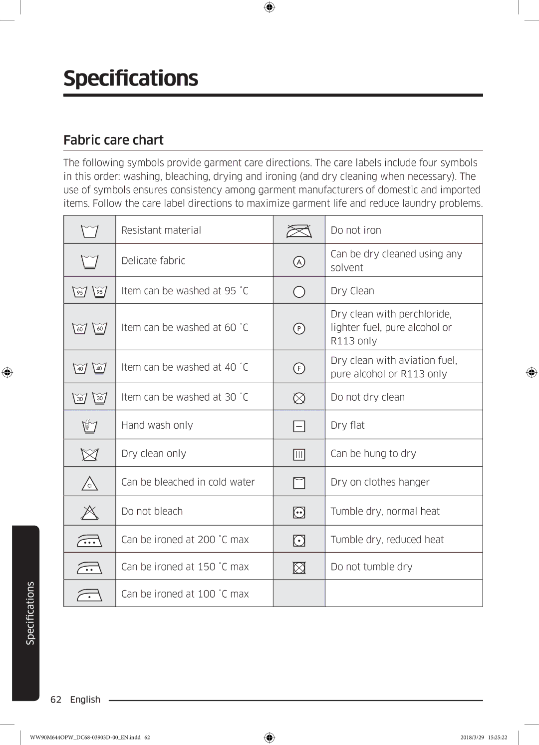 Samsung WW80M644OPM/KJ manual Specifications, Fabric care chart 