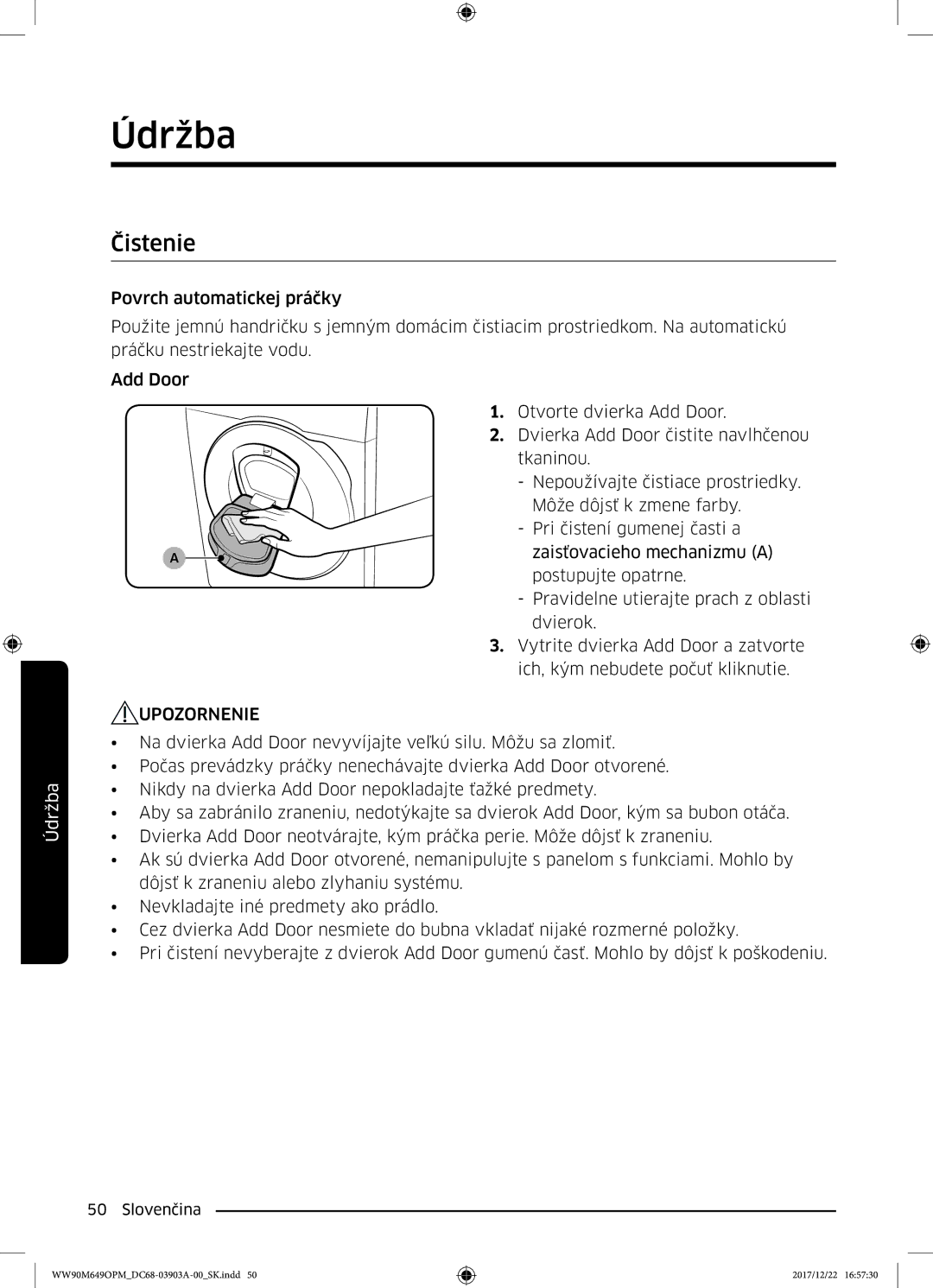 Samsung WW80M644OPW/ZE, WW90M649OPM/ZE manual Čistenie, Upozornenie 