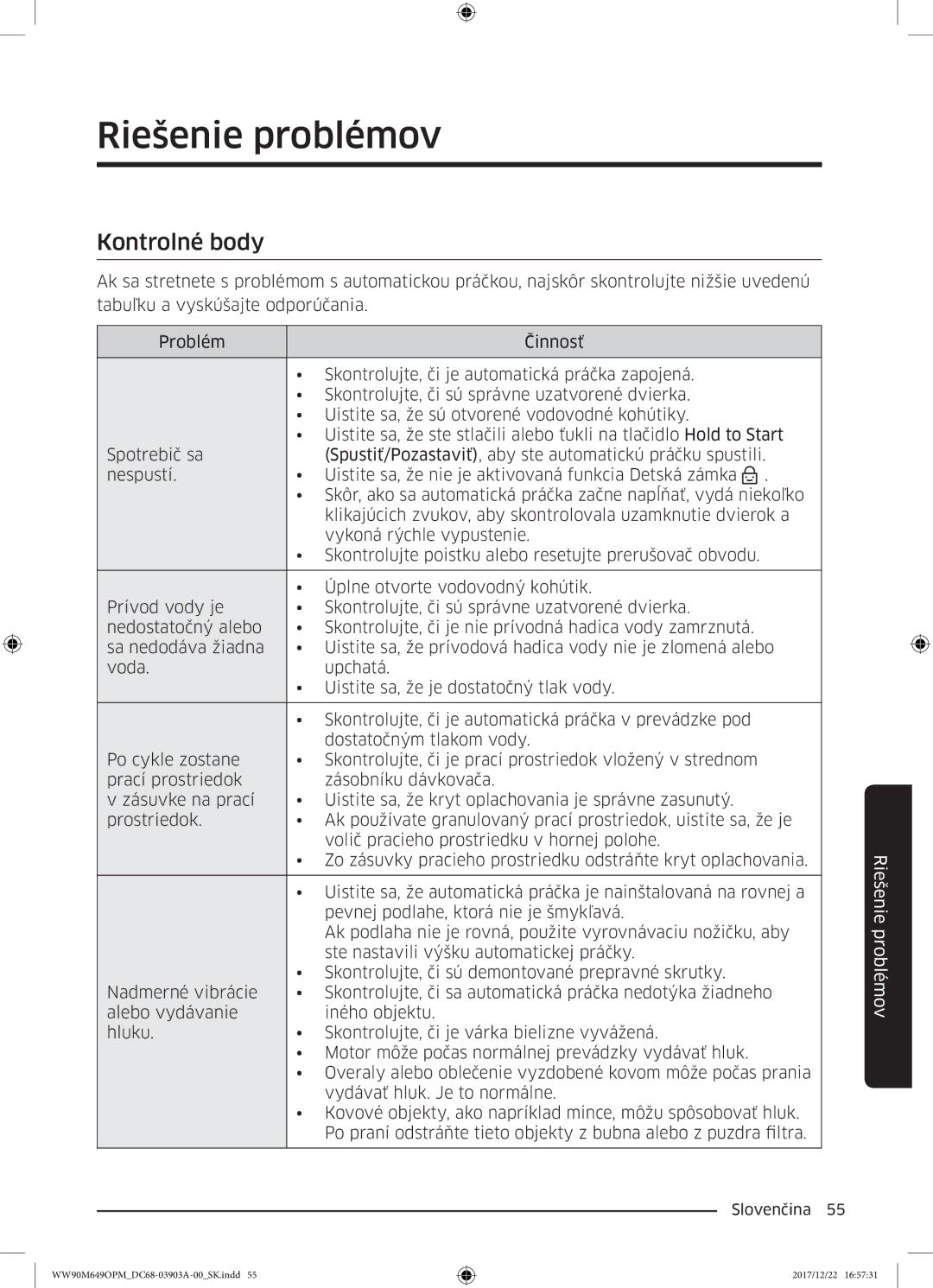 Samsung WW90M649OPM/ZE, WW80M644OPW/ZE manual Riešenie problémov, Kontrolné body 