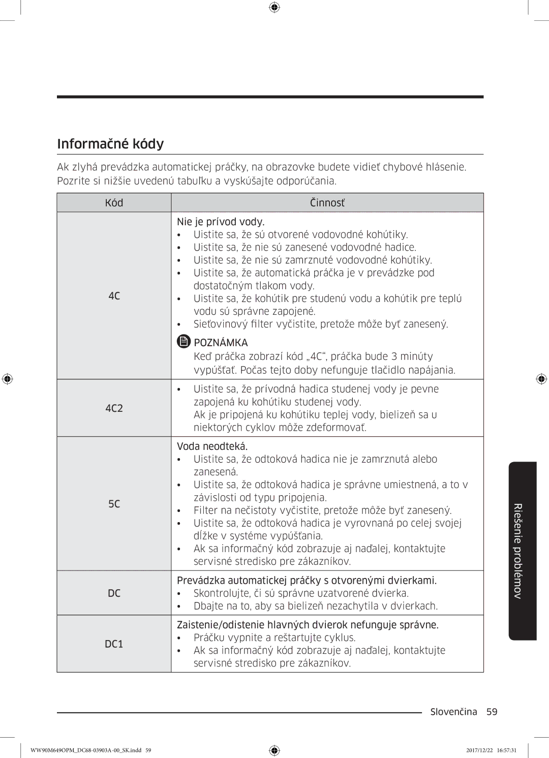 Samsung WW90M649OPM/ZE, WW80M644OPW/ZE manual Informačné kódy, Poznámka 