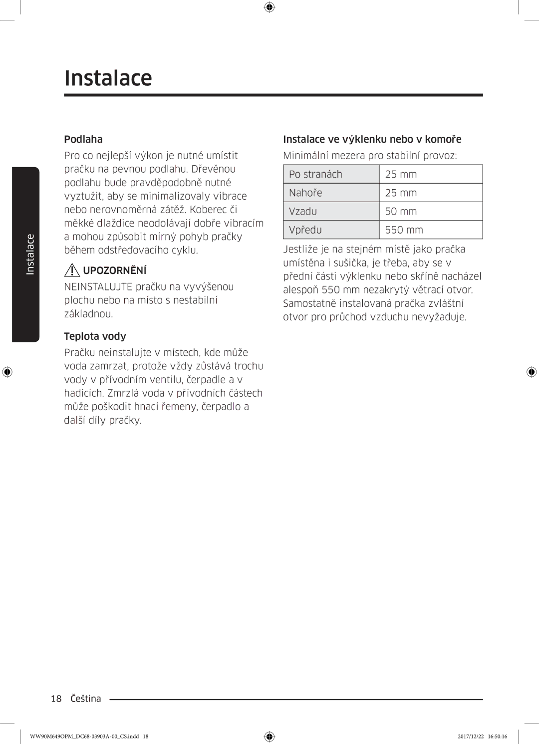 Samsung WW80M644OPW/ZE, WW90M649OPM/ZE manual 18 Čeština 