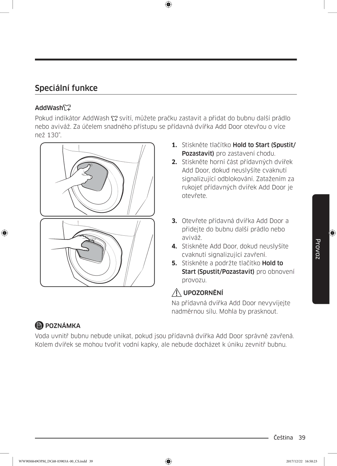 Samsung WW90M649OPM/ZE, WW80M644OPW/ZE manual Speciální funkce, Upozornění 