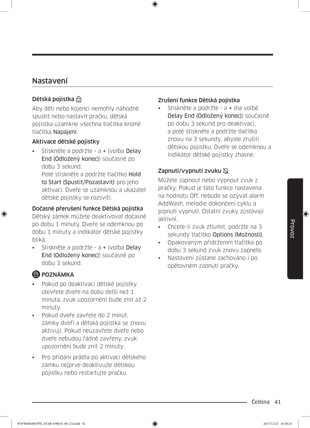 Samsung WW90M649OPM/ZE, WW80M644OPW/ZE manual Nastavení 