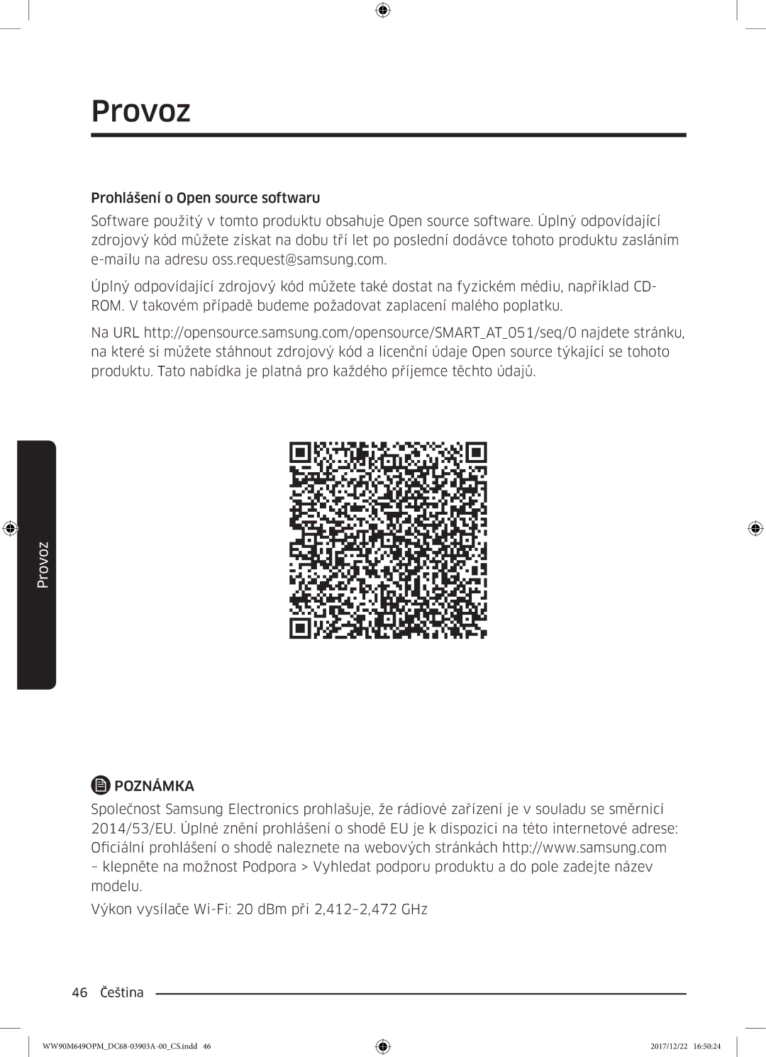 Samsung WW80M644OPW/ZE, WW90M649OPM/ZE manual 46 Čeština 