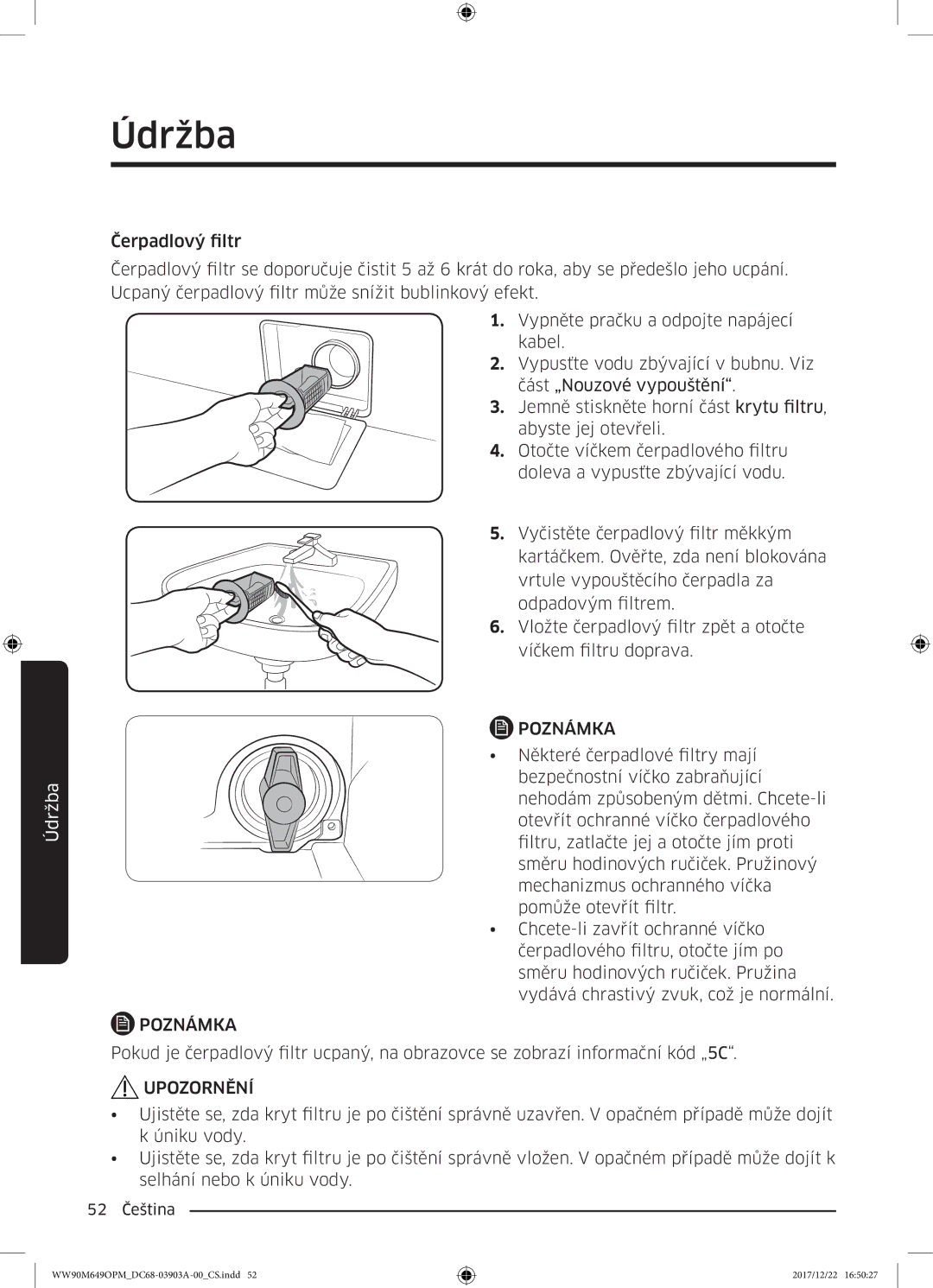 Samsung WW80M644OPW/ZE, WW90M649OPM/ZE manual 52 Čeština 