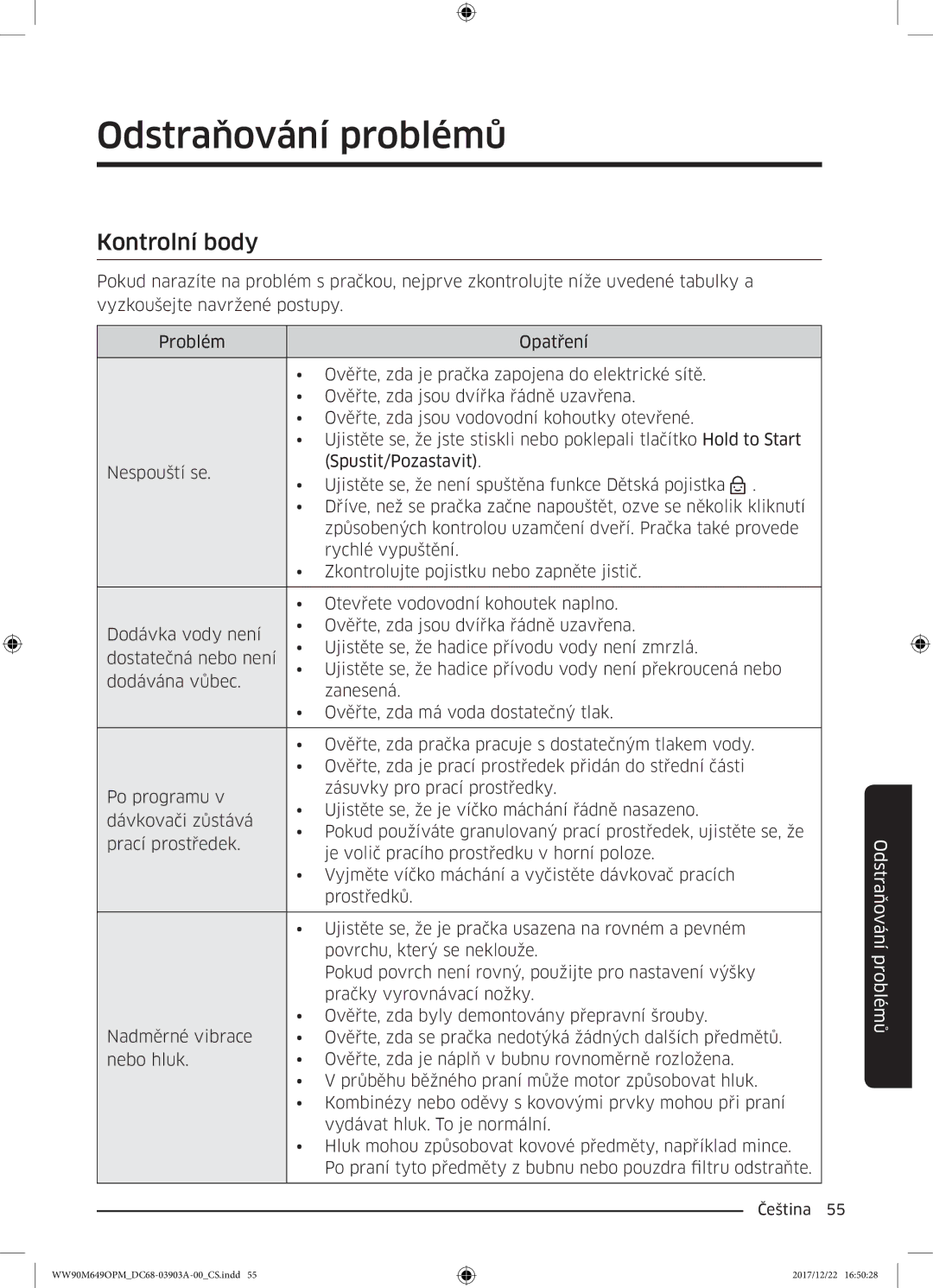 Samsung WW90M649OPM/ZE, WW80M644OPW/ZE manual Odstraňování problémů, Kontrolní body 